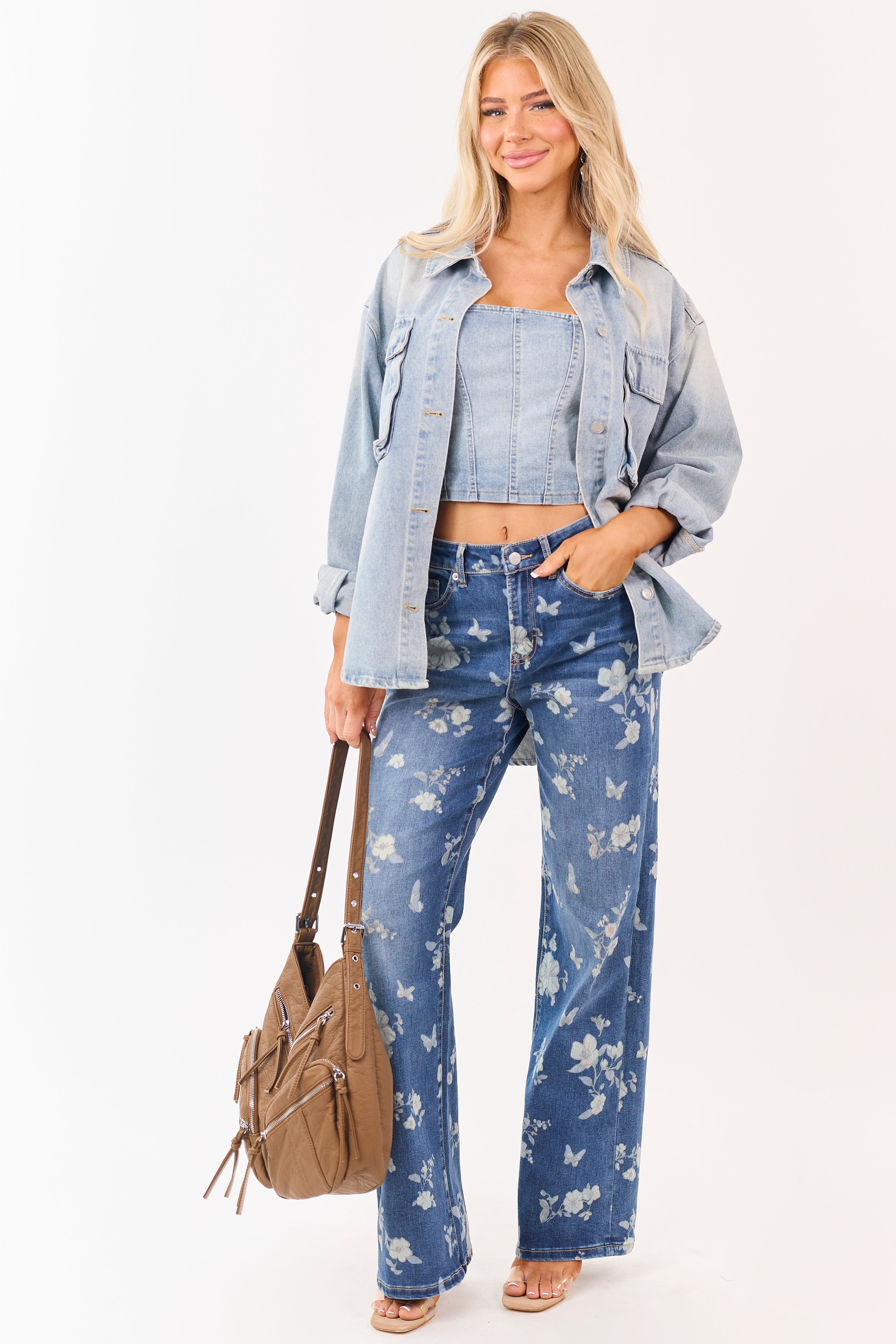 Mica Denim Medium Wash Floral Stretchy Wide Leg Jeans