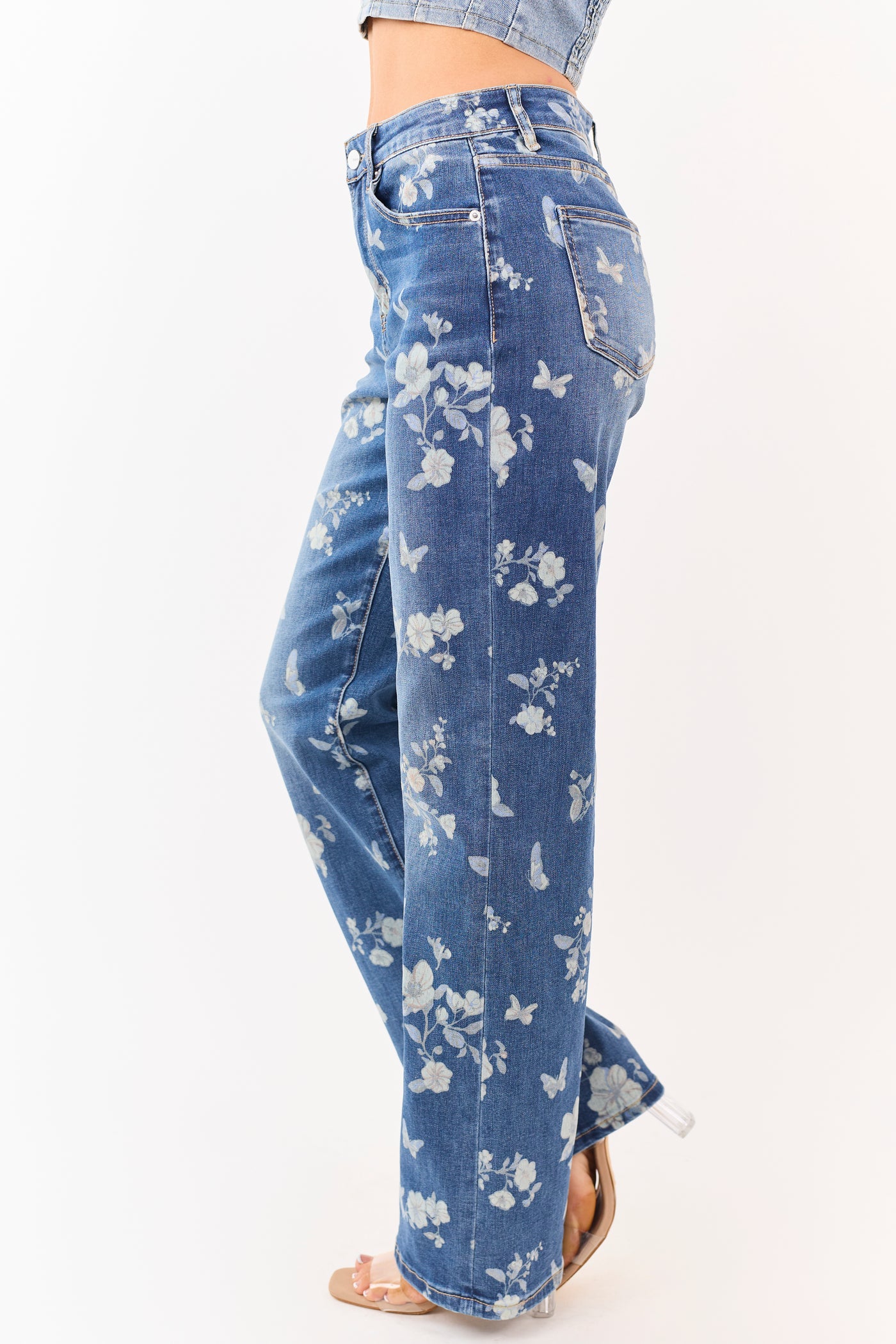 Mica Denim Medium Wash Floral Stretchy Wide Leg Jeans