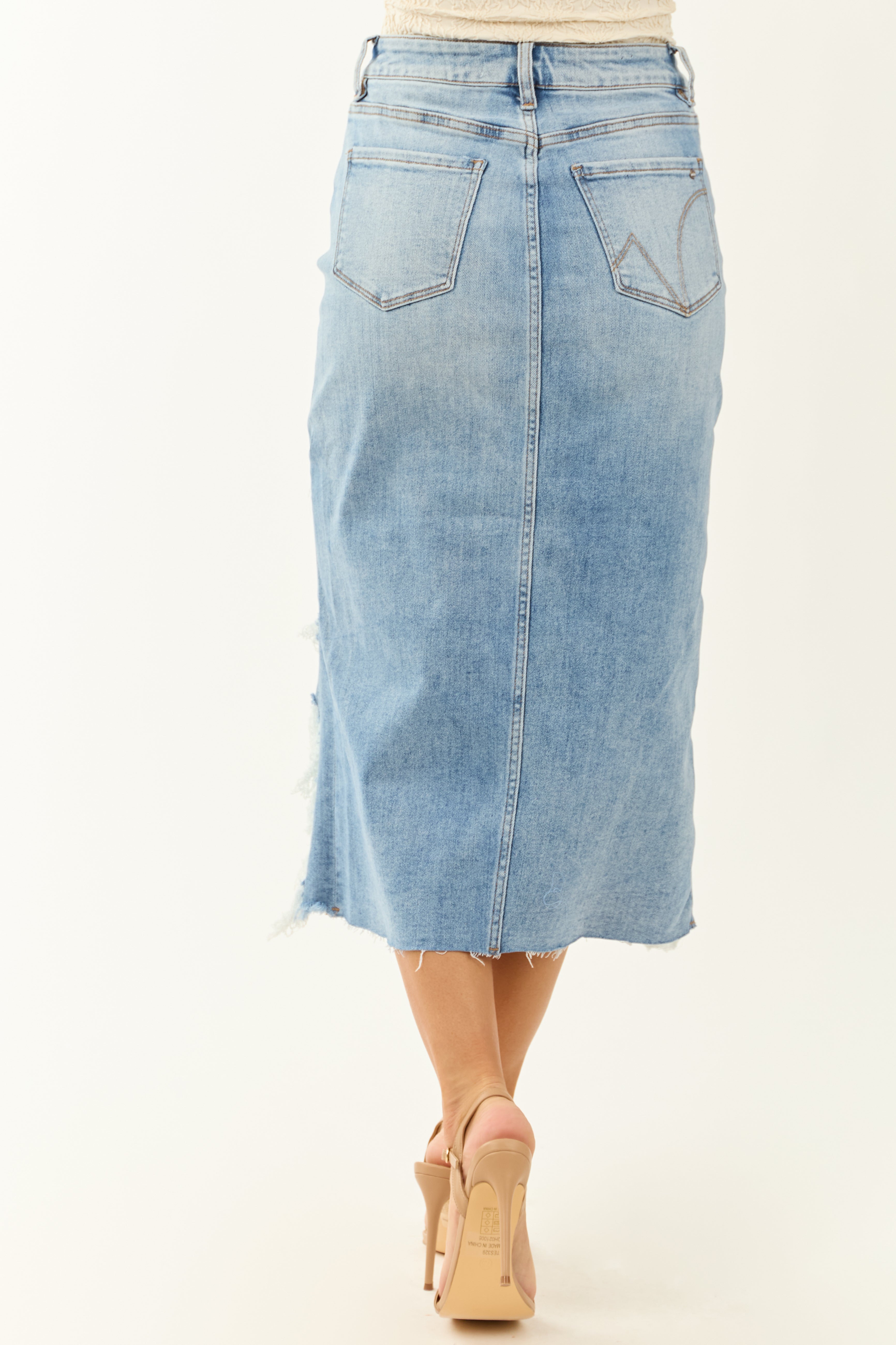 Mica Denim Medium Wash Heavy Distressed Midi Skirt
