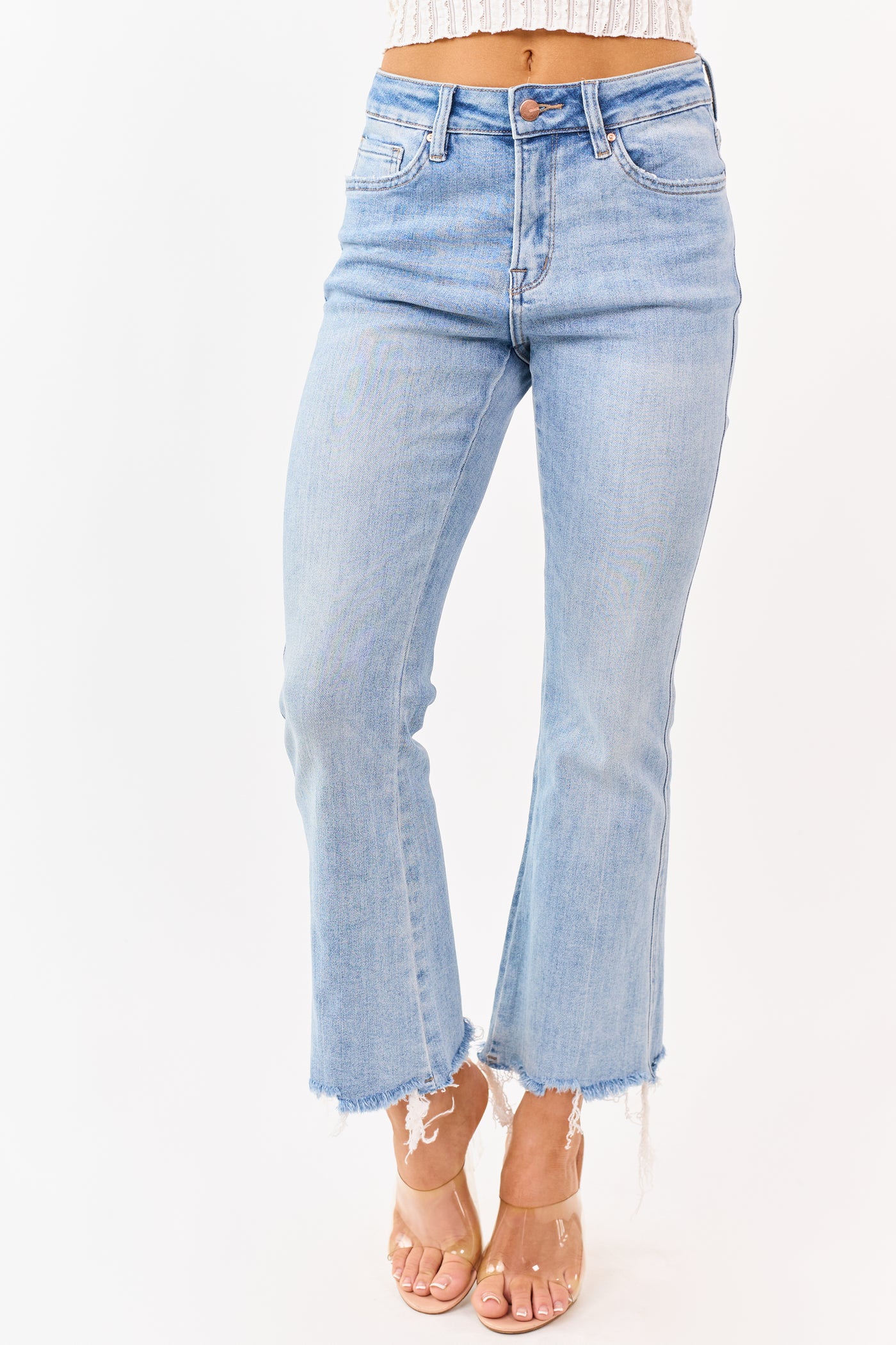 Mica Denim Medium Wash Stretchy Crop Flare Jeans