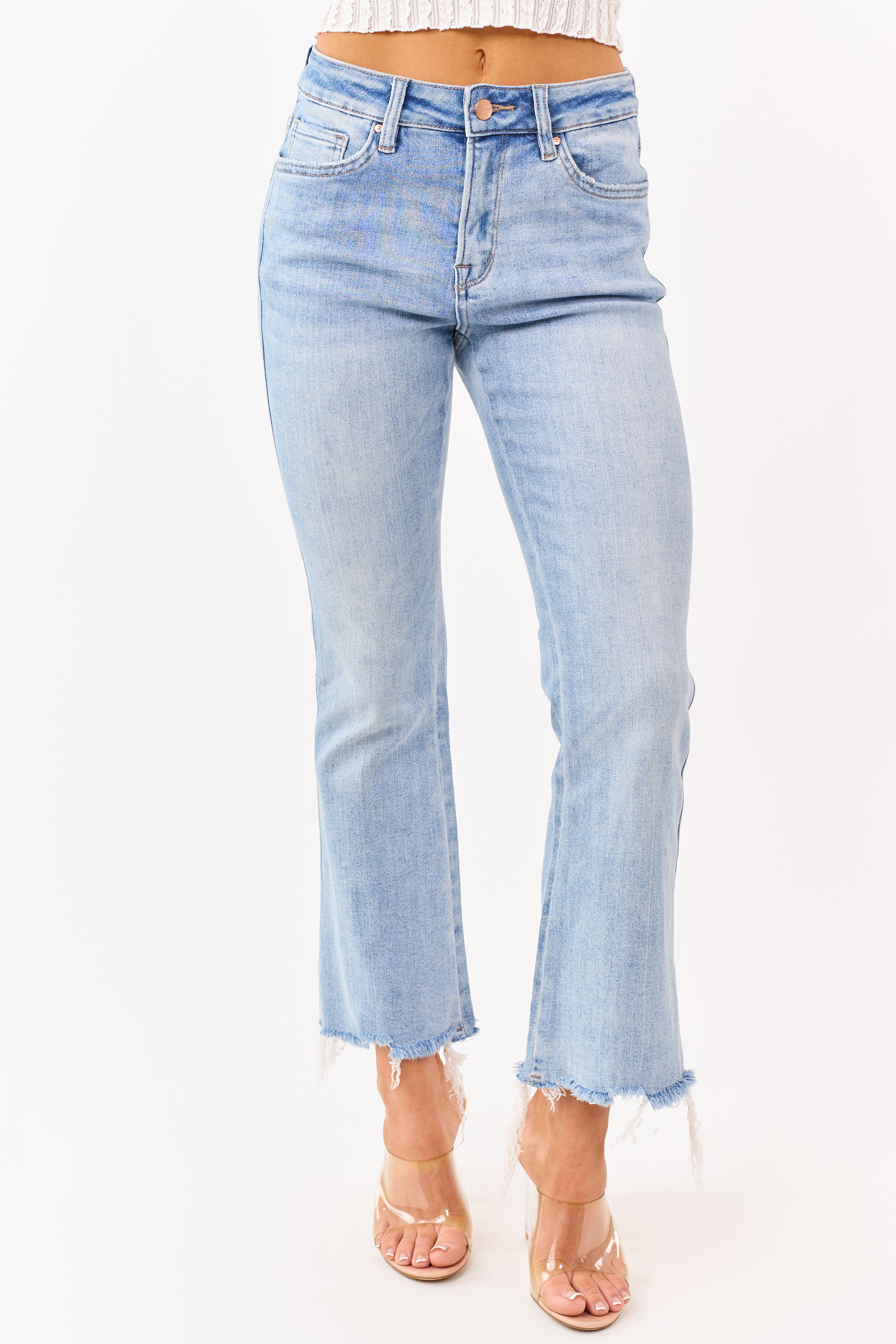 Mica Denim Medium Wash Stretchy Crop Flare Jeans | Lime Lush Boutique