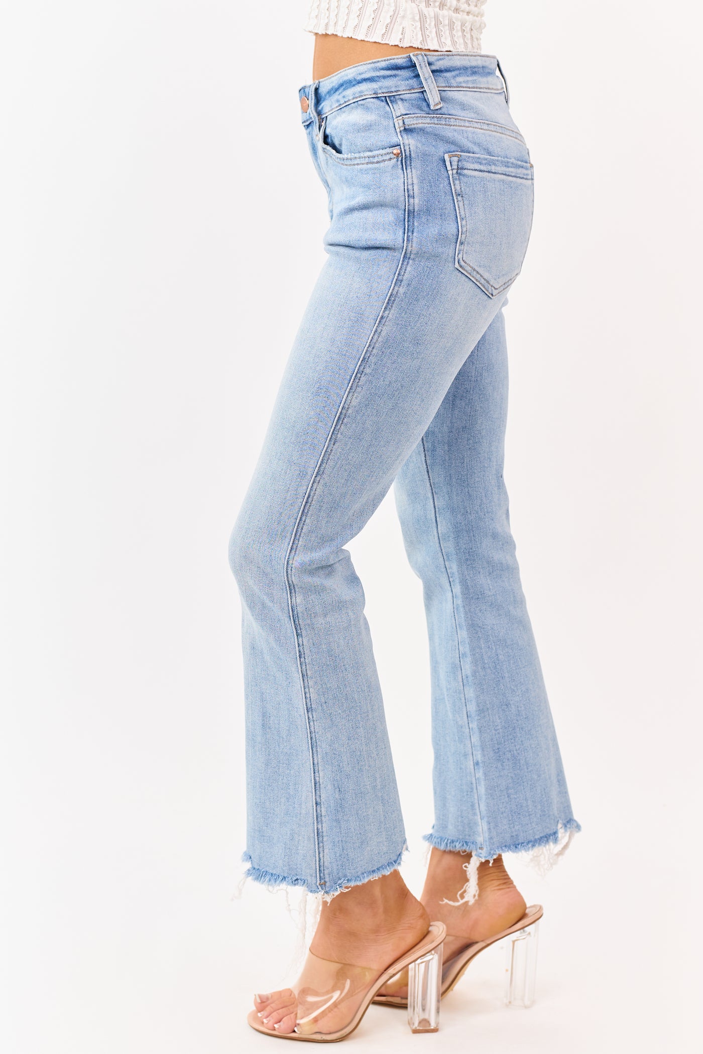 Mica Denim Medium Wash Stretchy Crop Flare Jeans