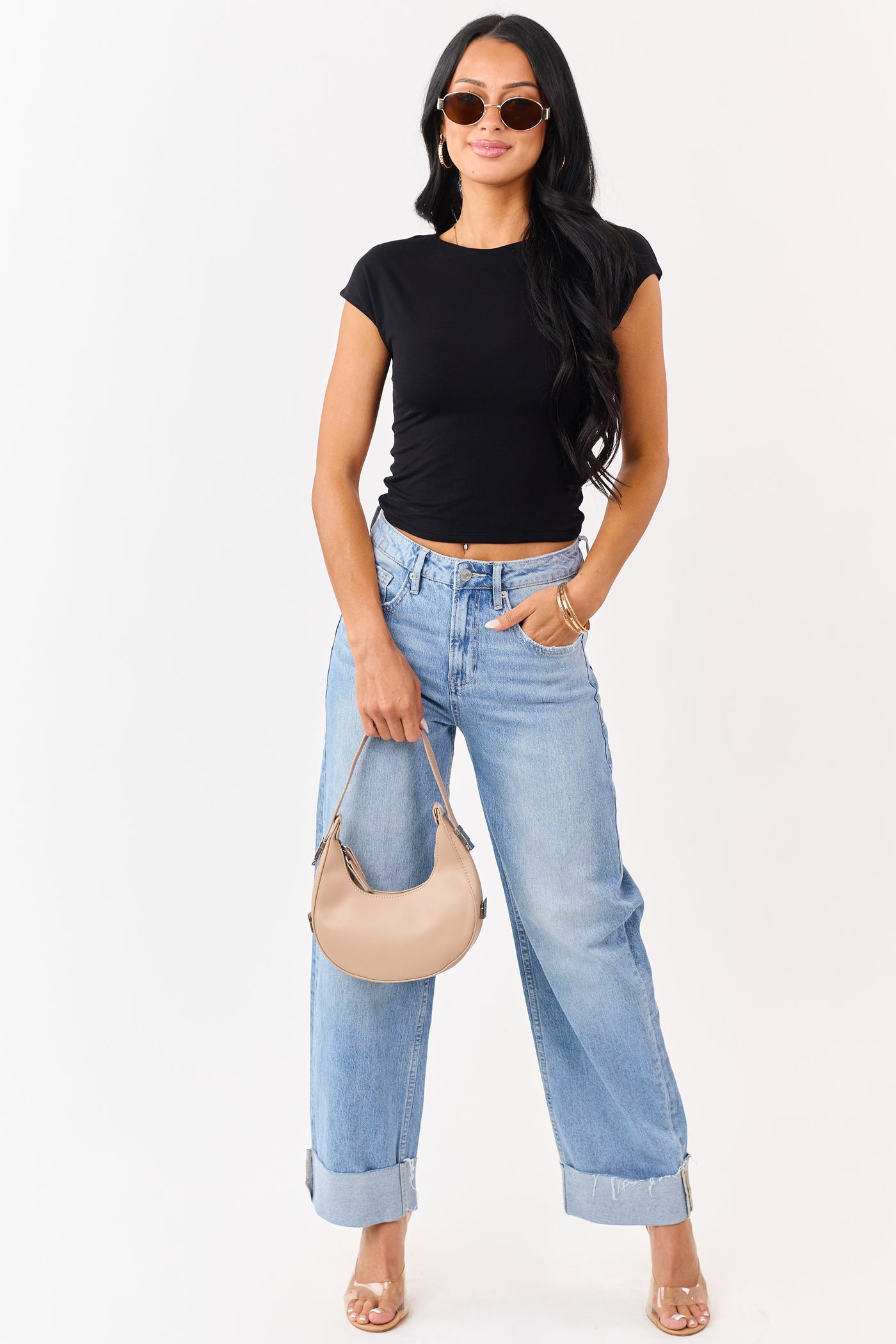 Mica Denim Medium Wash Stretchy Cuffed Barrel Jeans