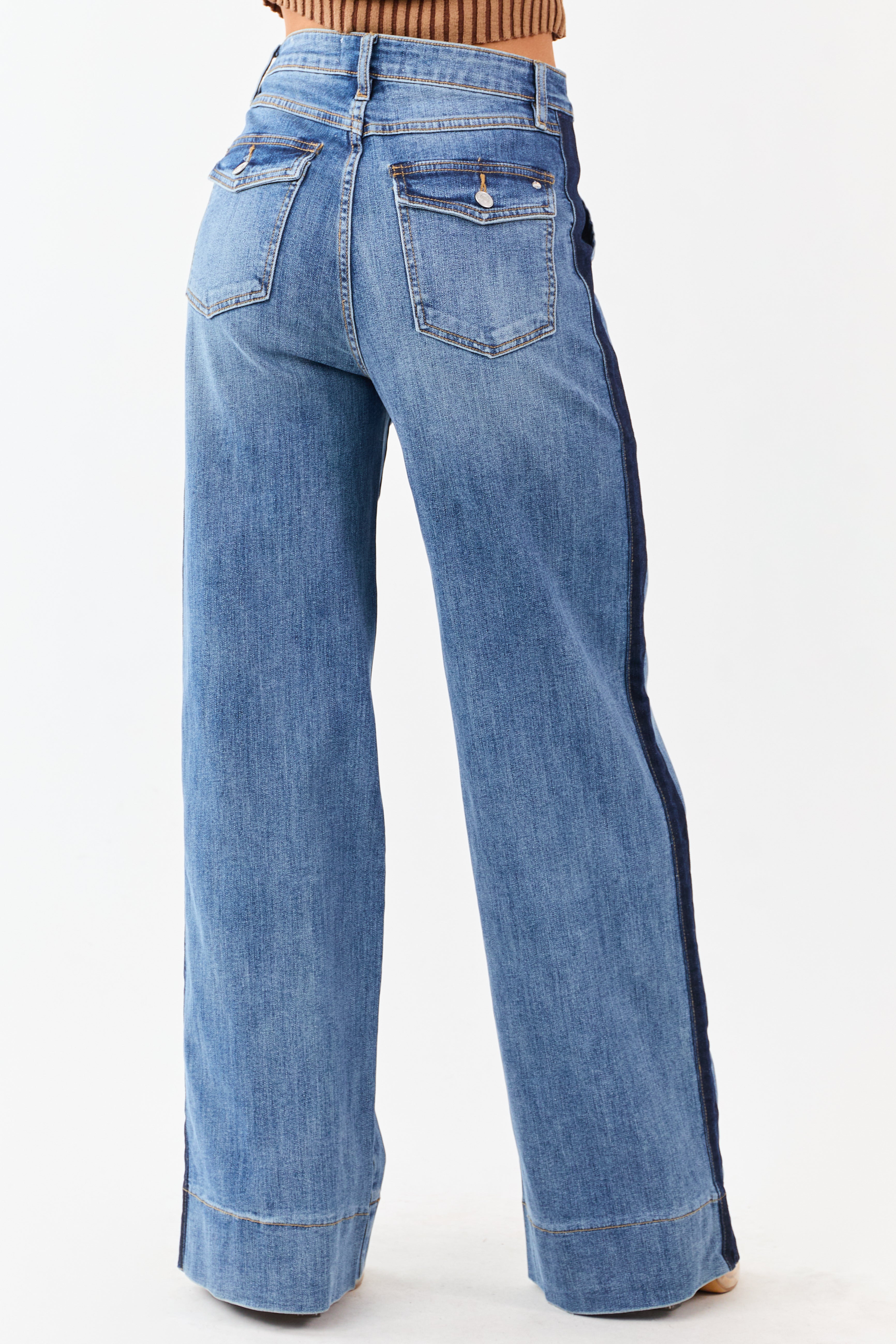 Mica Denim Medium Wash Tux Style Wide Stretchy Jeans
