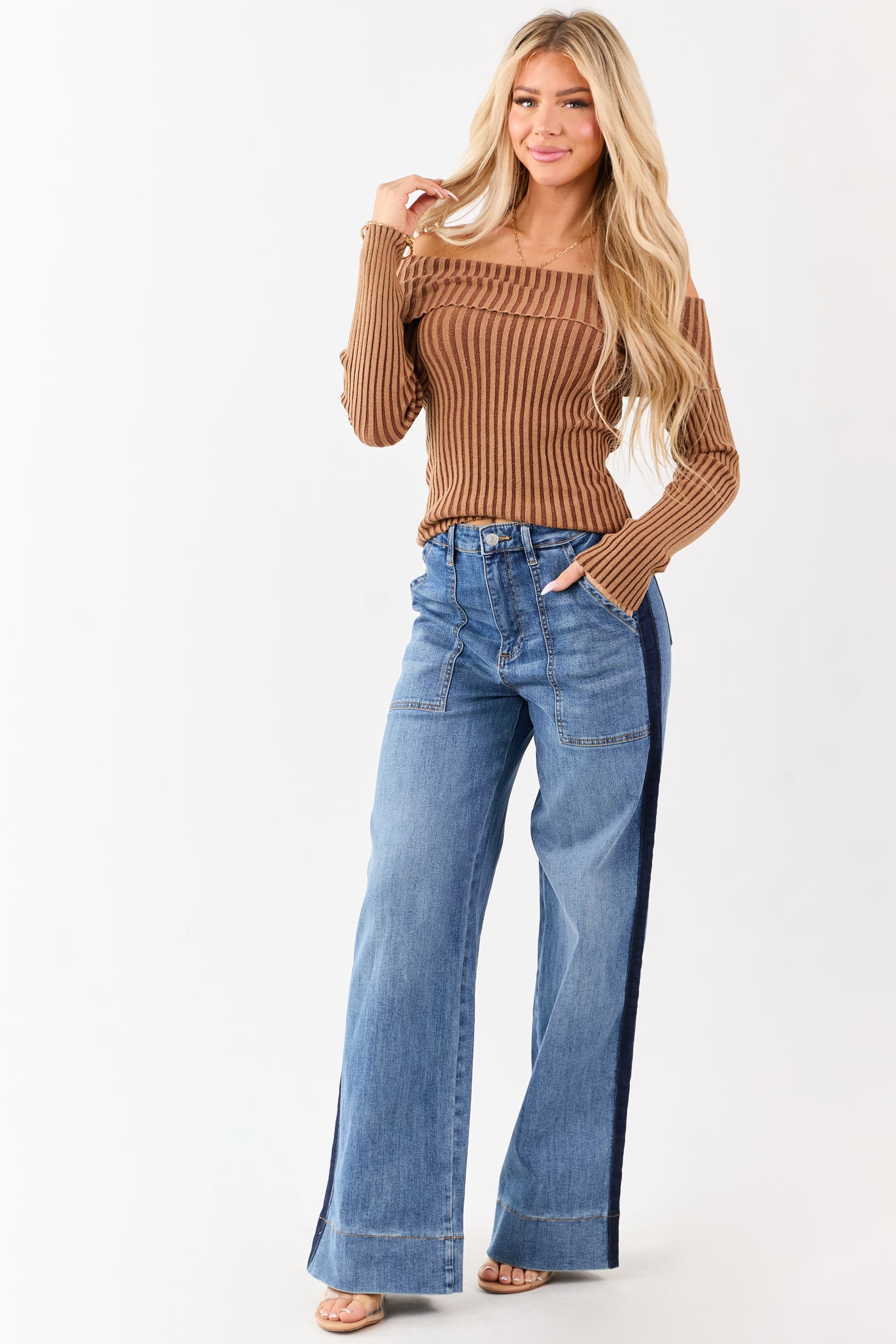 Mica Denim Medium Wash Tux Style Wide Stretchy Jeans