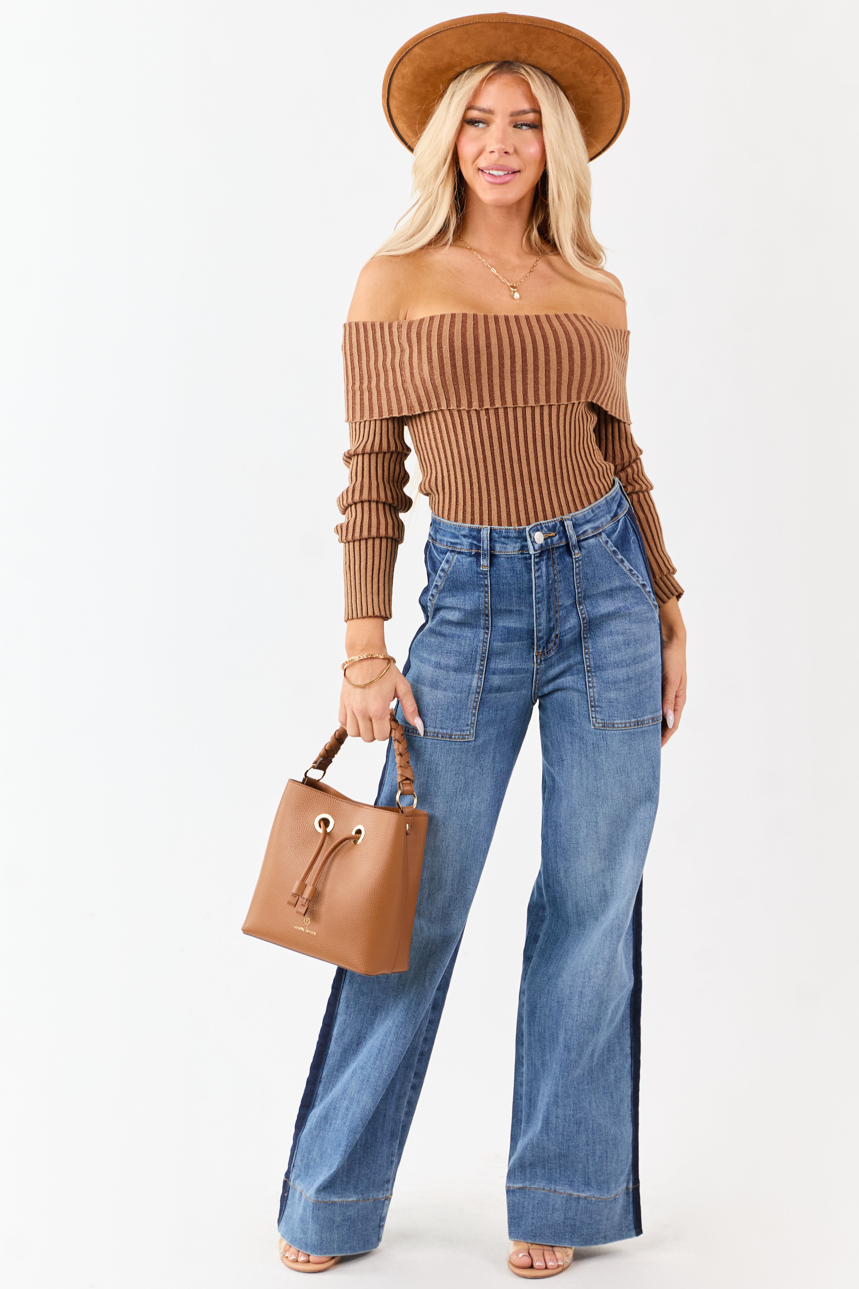 Mica Denim Medium Wash Tux Style Wide Stretchy Jeans