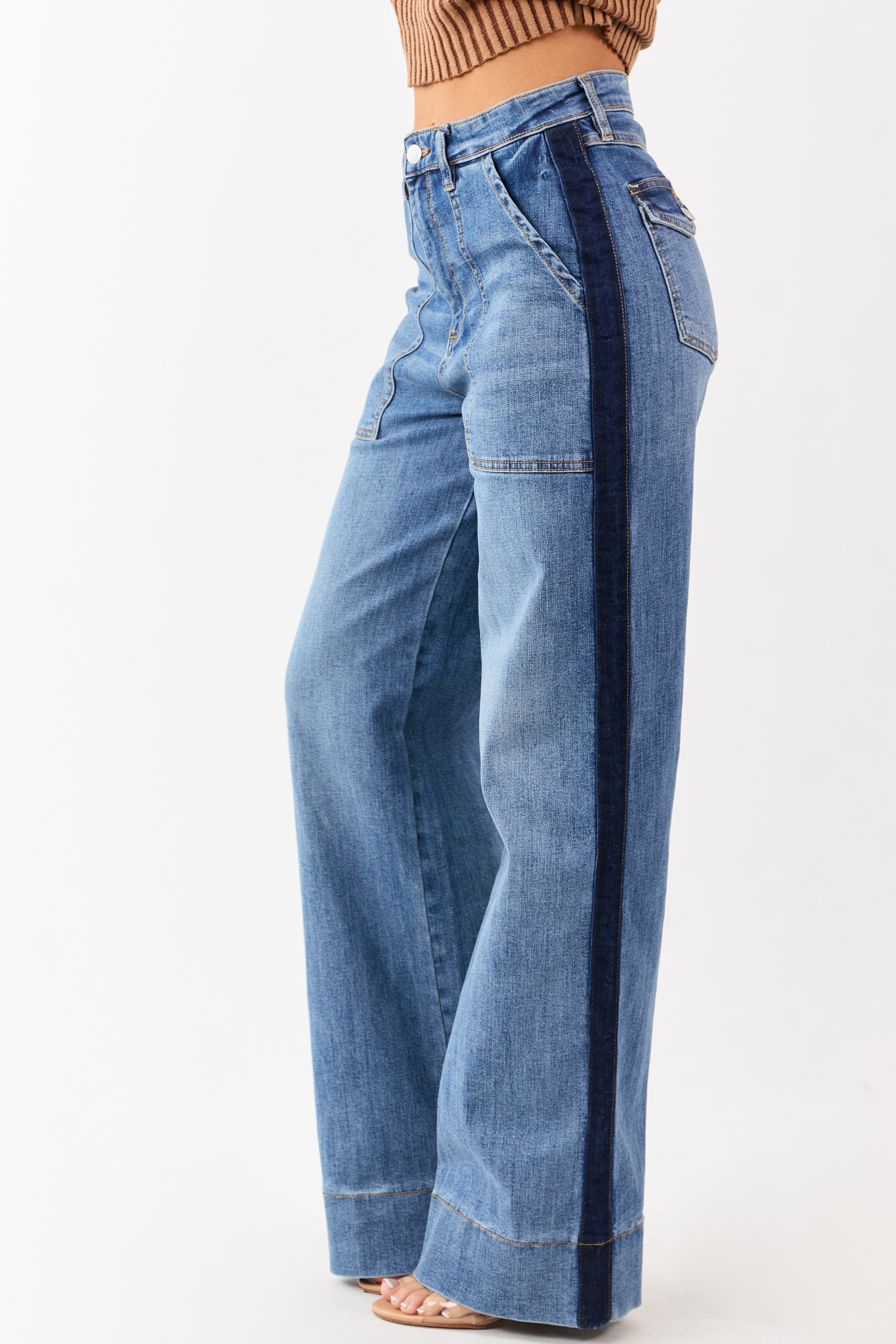 Mica Denim Medium Wash Tux Style Wide Stretchy Jeans