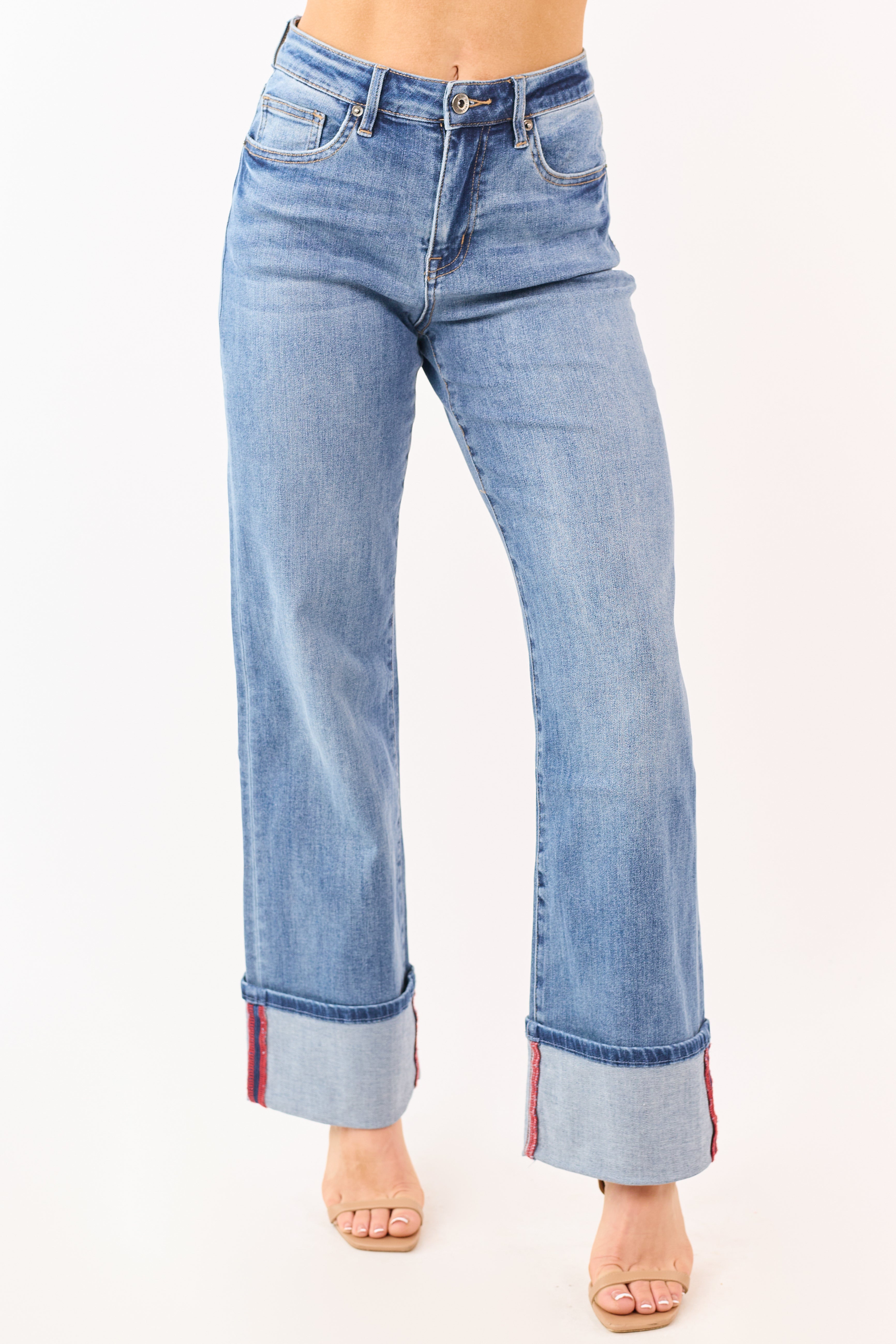 Mica Denim Medium Wide Leg Cuffed Stretch Jeans