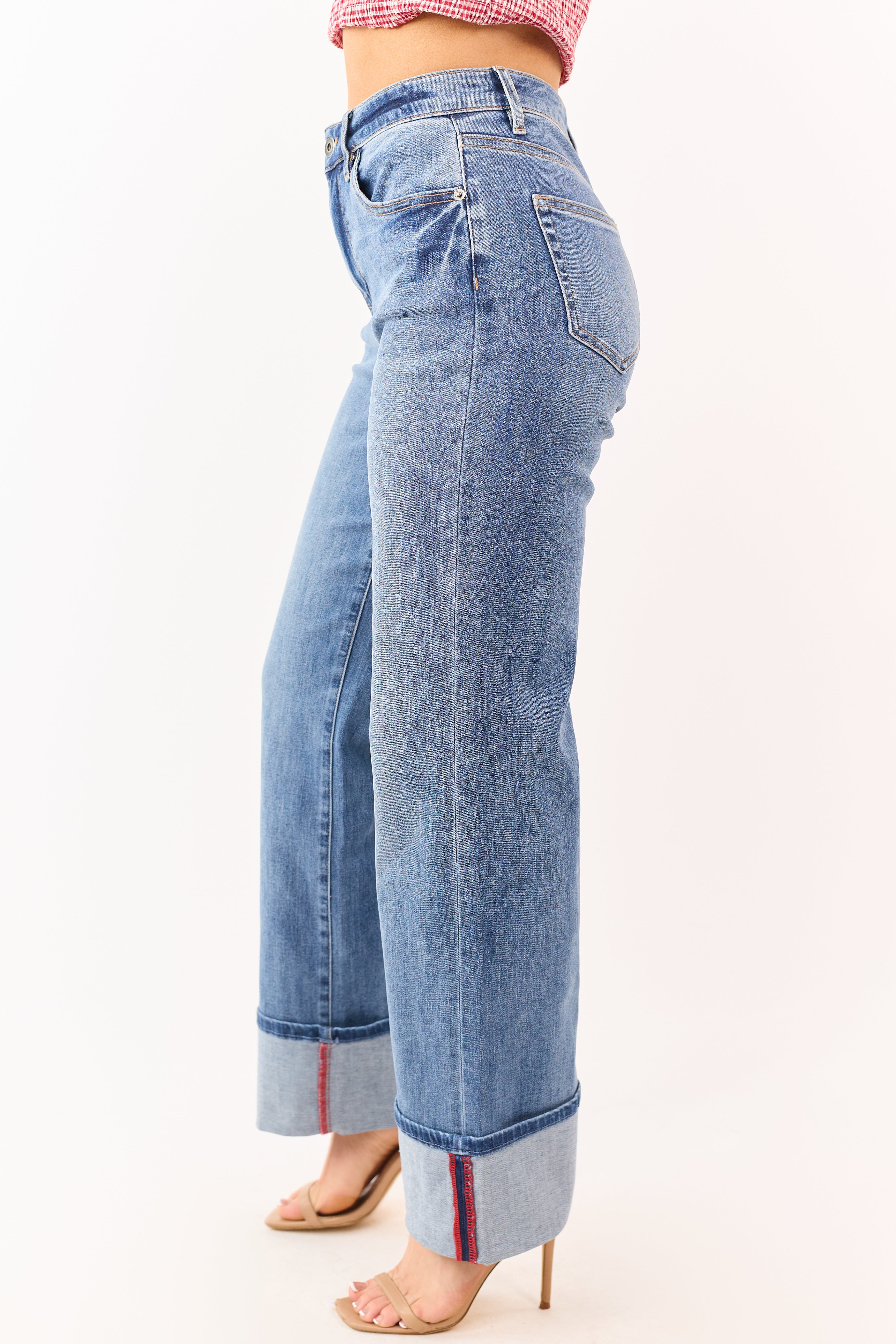 Mica Denim Medium Wide Leg Cuffed Stretch Jeans