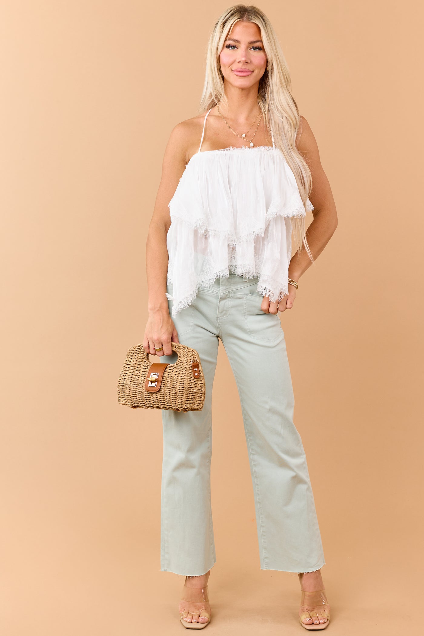 Mica Denim Mint Stretchy Wide Leg Raw Hem Jeans