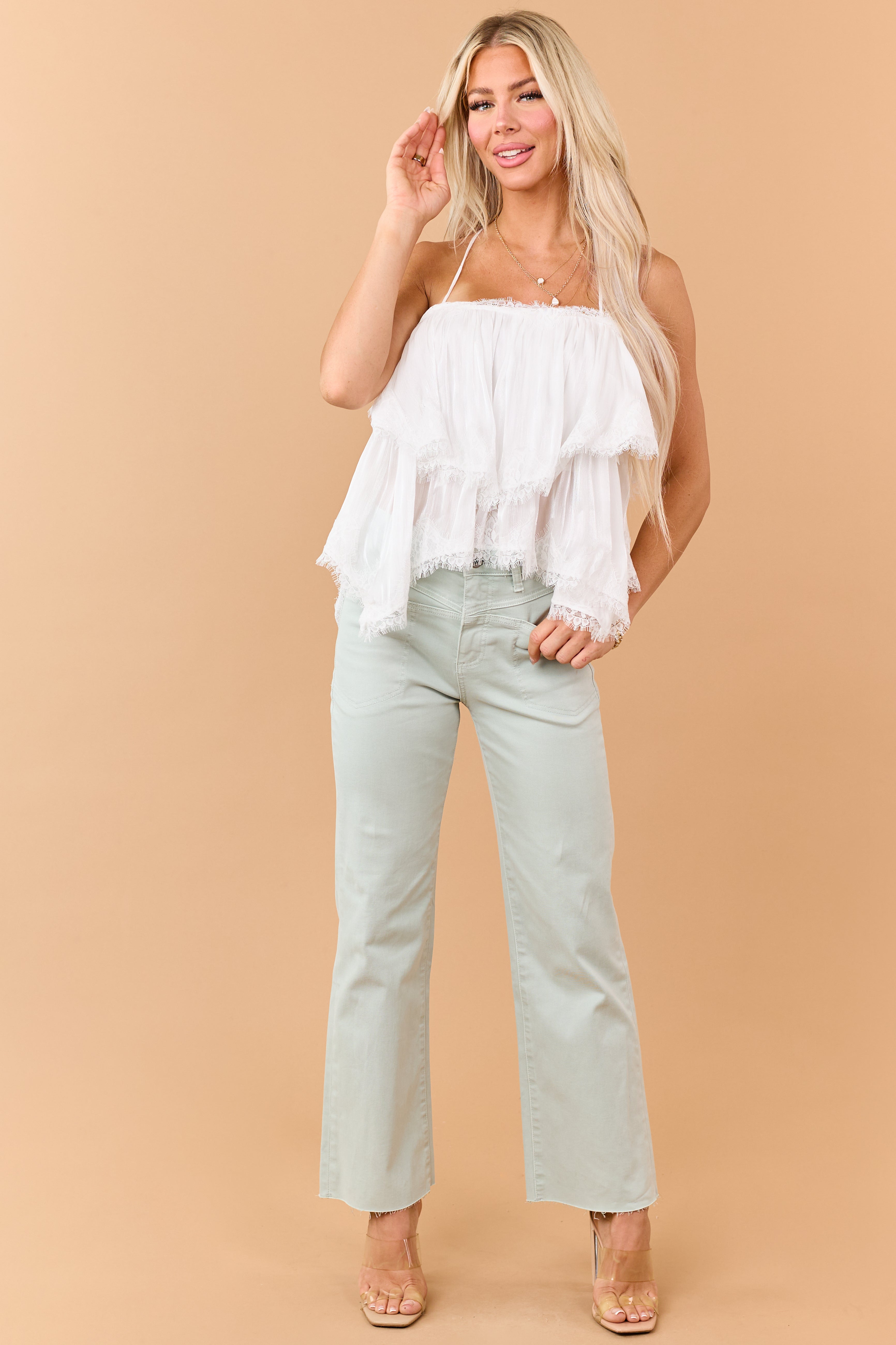 Mica Denim Mint Stretchy Wide Leg Raw Hem Jeans