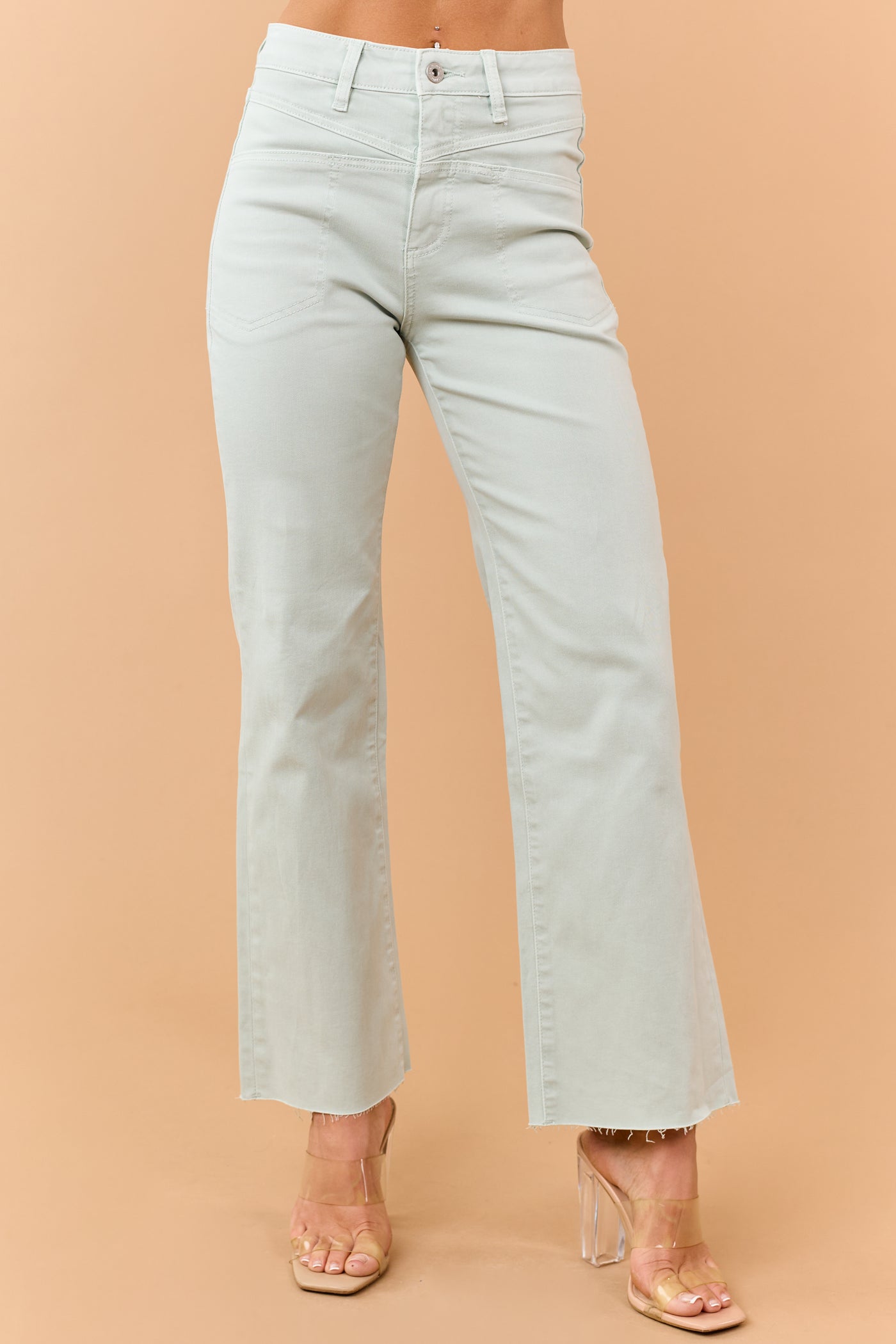 Mica Denim Mint Stretchy Wide Leg Raw Hem Jeans
