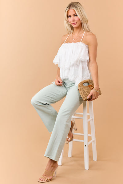 Mica Denim Mint Stretchy Wide Leg Raw Hem Jeans