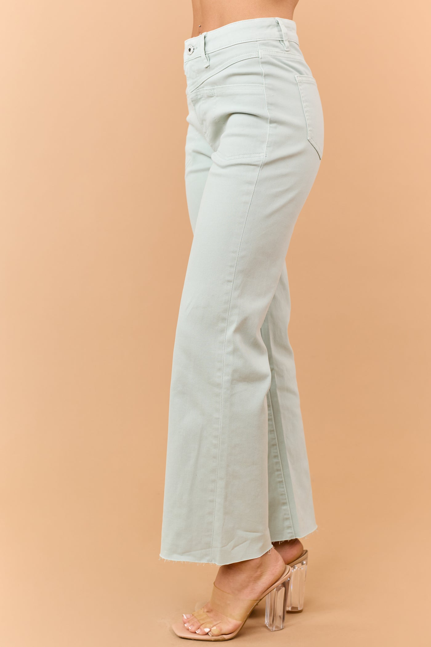 Mica Denim Mint Stretchy Wide Leg Raw Hem Jeans
