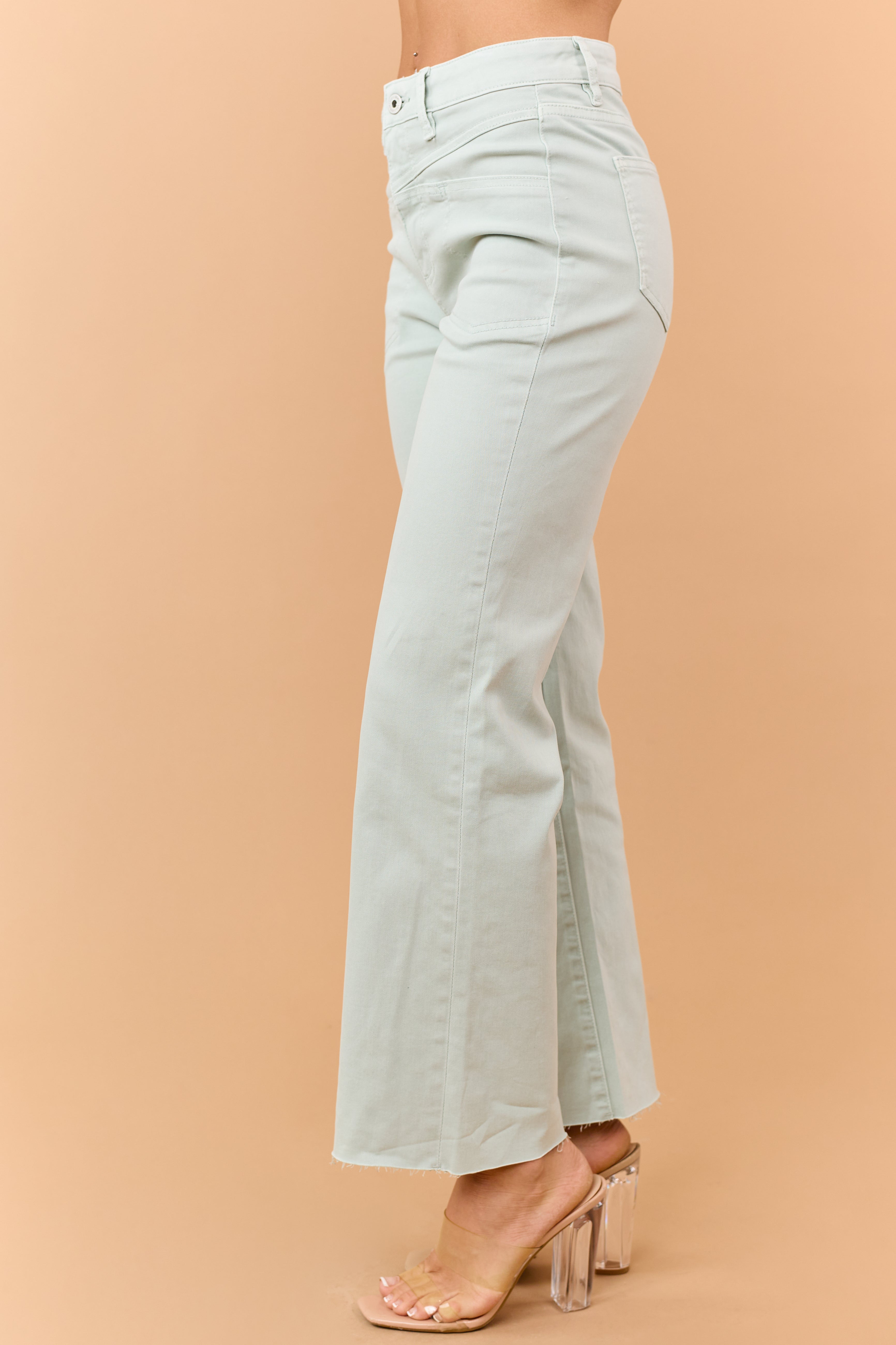 Mica Denim Mint Stretchy Wide Leg Raw Hem Jeans