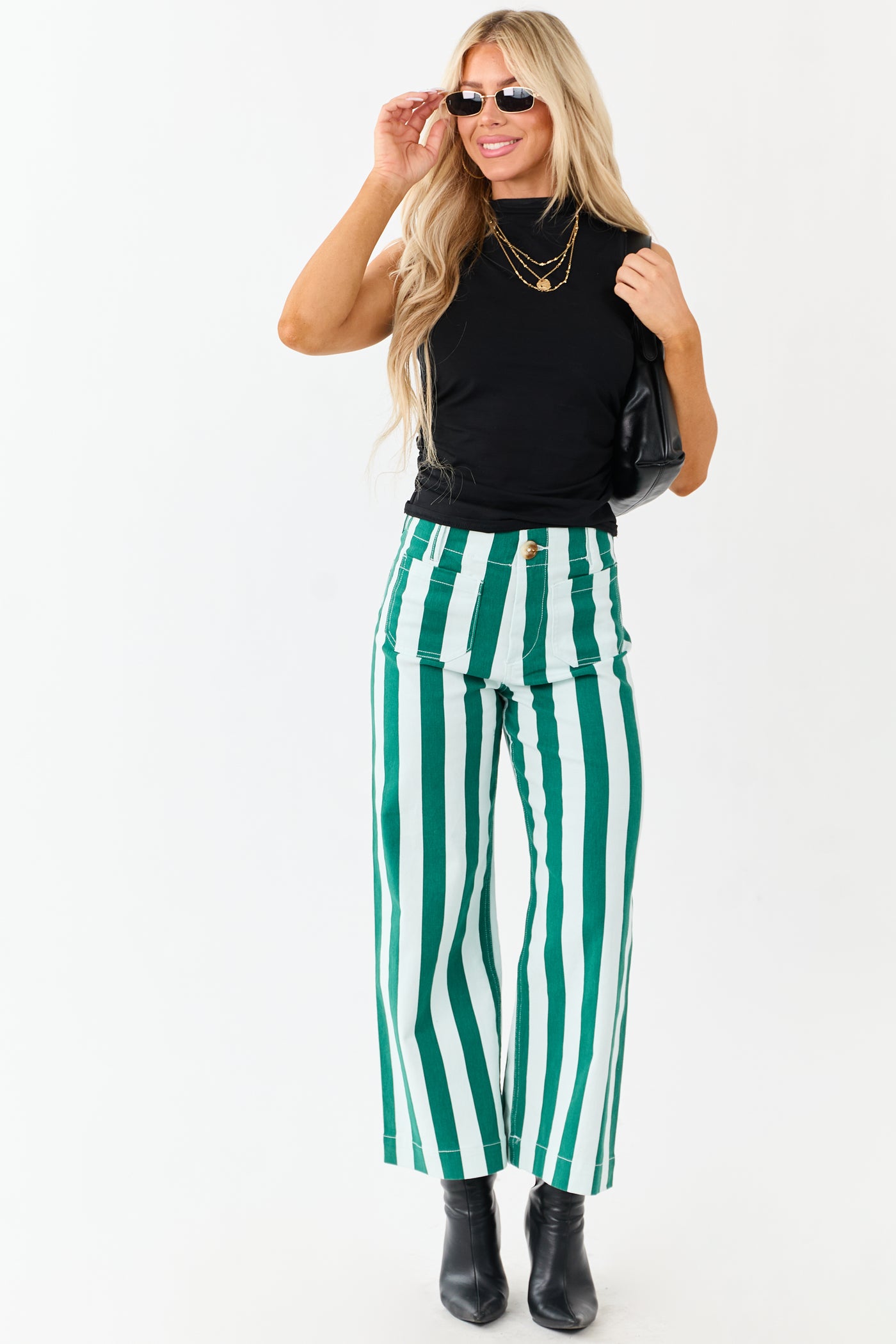 Mica Denim Mint Striped Wide Stretchy Crop Jeans