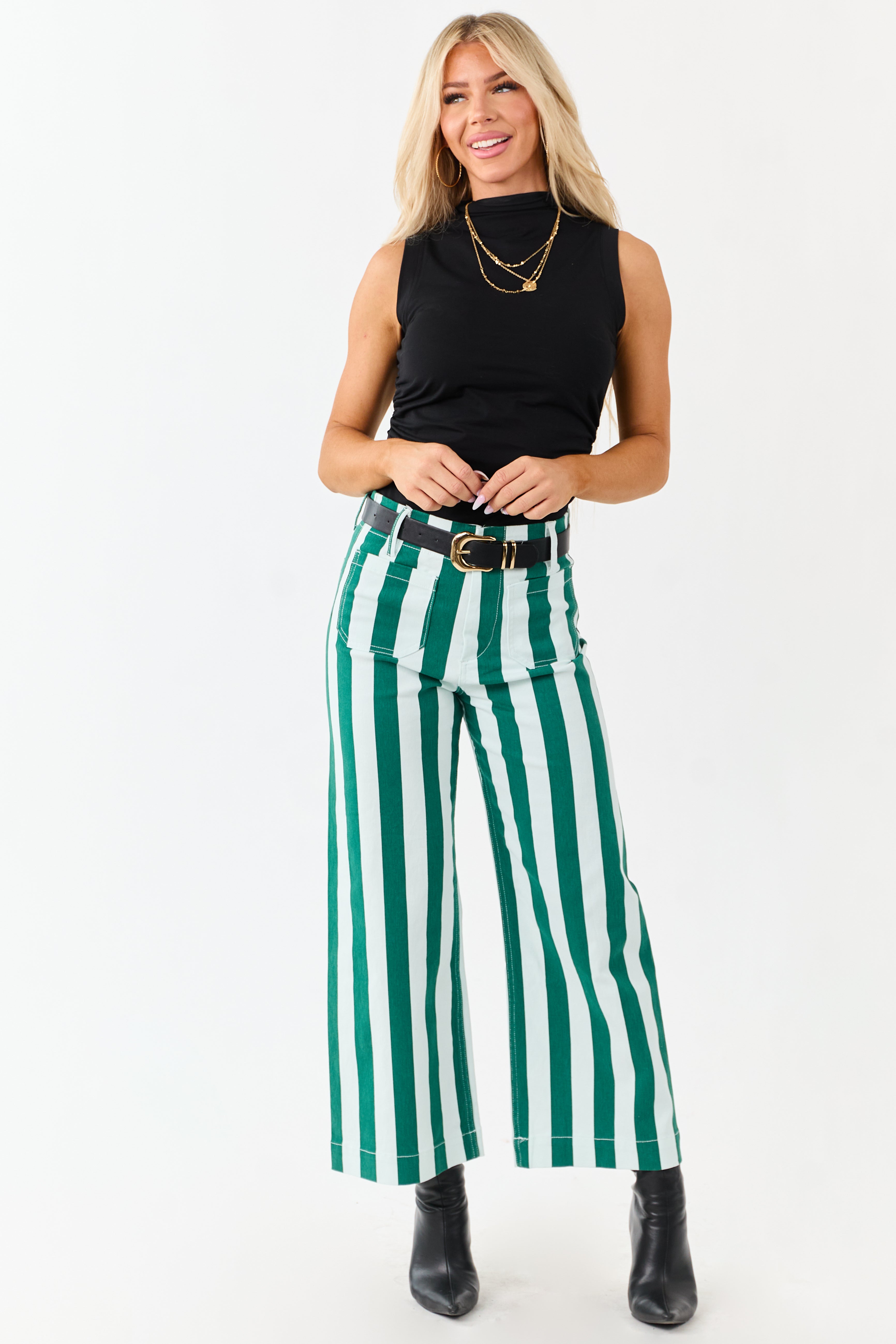 Mica Denim Mint Striped Wide Stretchy Crop Jeans