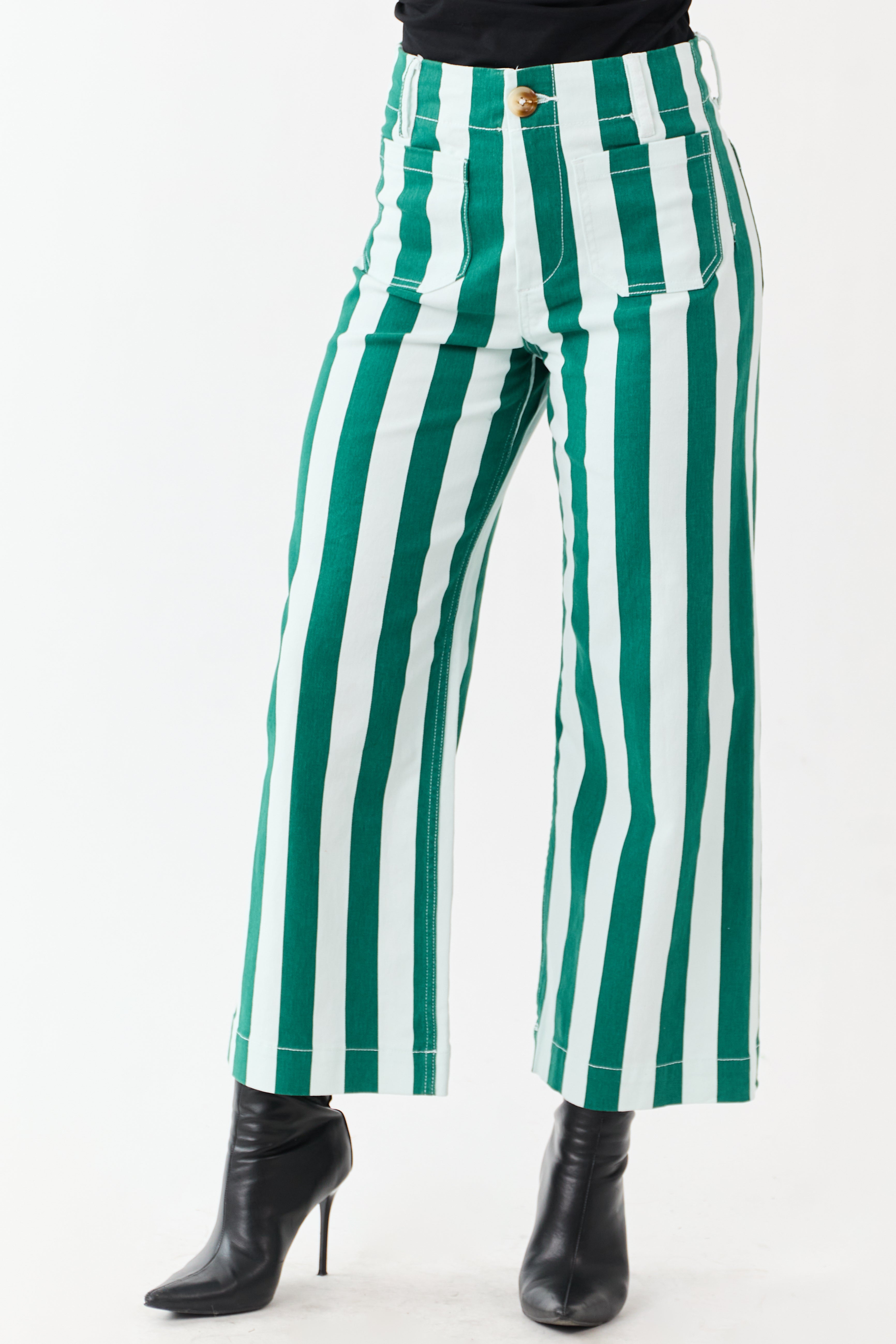 Mica Denim Mint Striped Wide Stretchy Crop Jeans