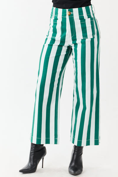 Mica Denim Mint Striped Wide Stretchy Crop Jeans