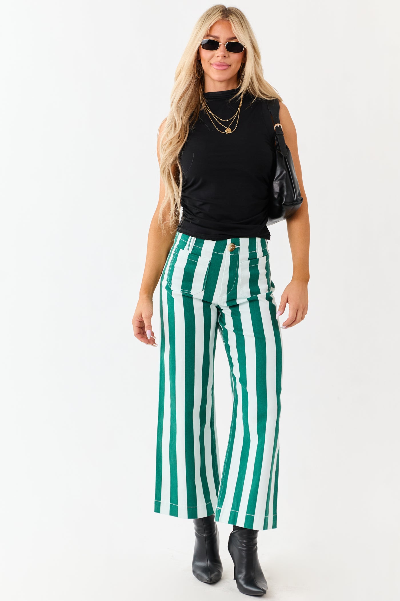 Mica Denim Mint Striped Wide Stretchy Crop Jeans