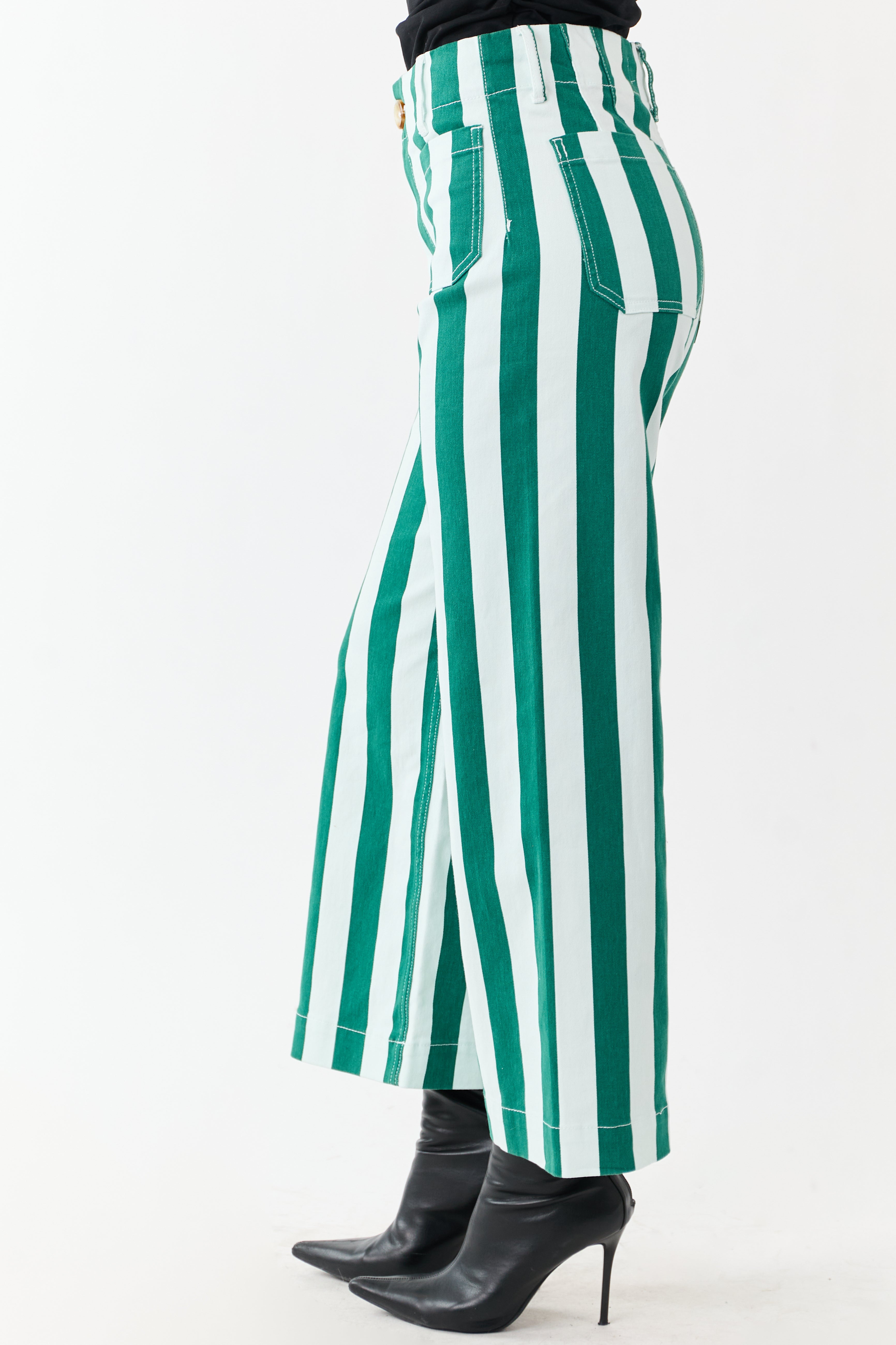 Mica Denim Mint Striped Wide Stretchy Crop Jeans