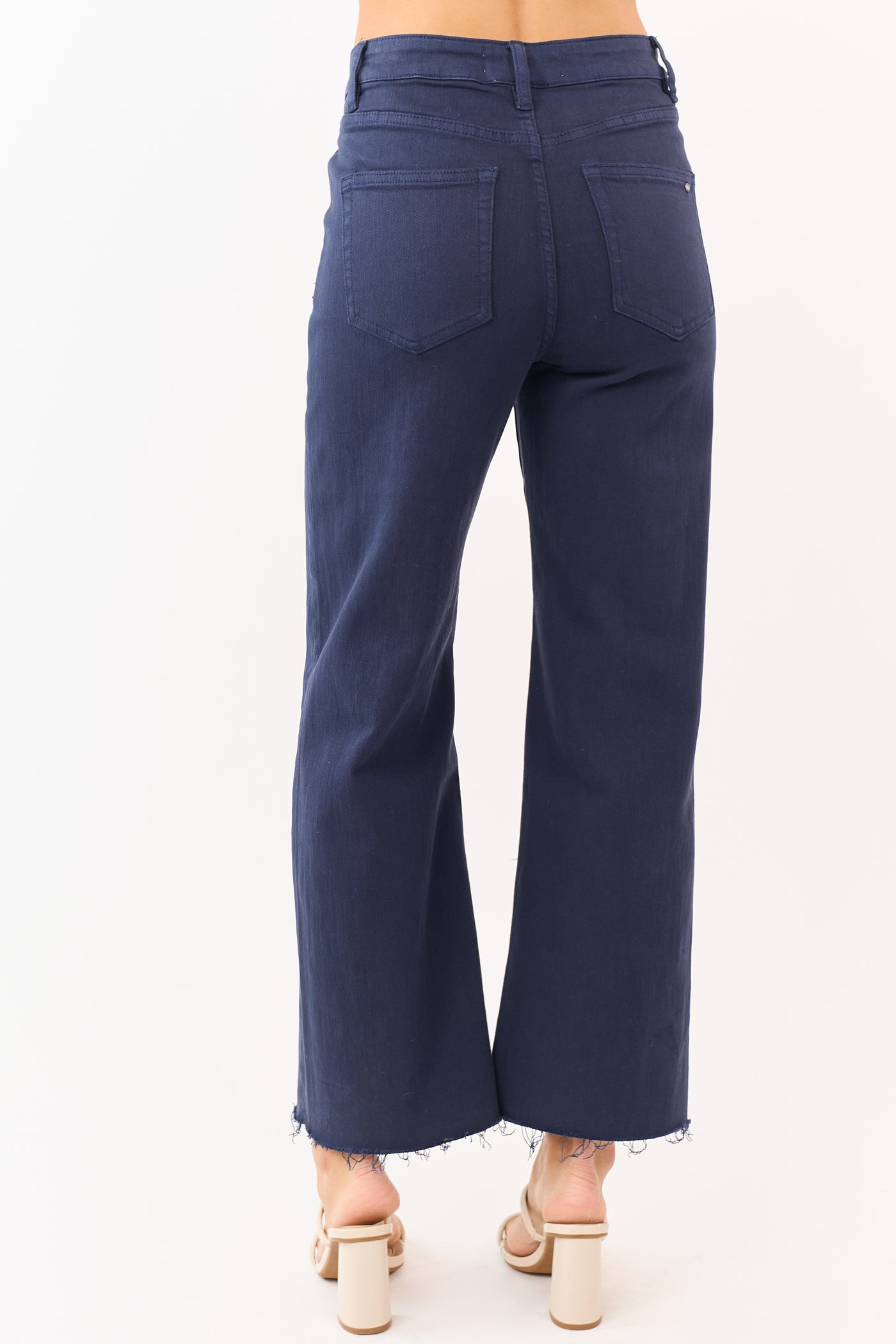 Mica Denim Navy Stretchy Raw Hem Wide Leg Jeans