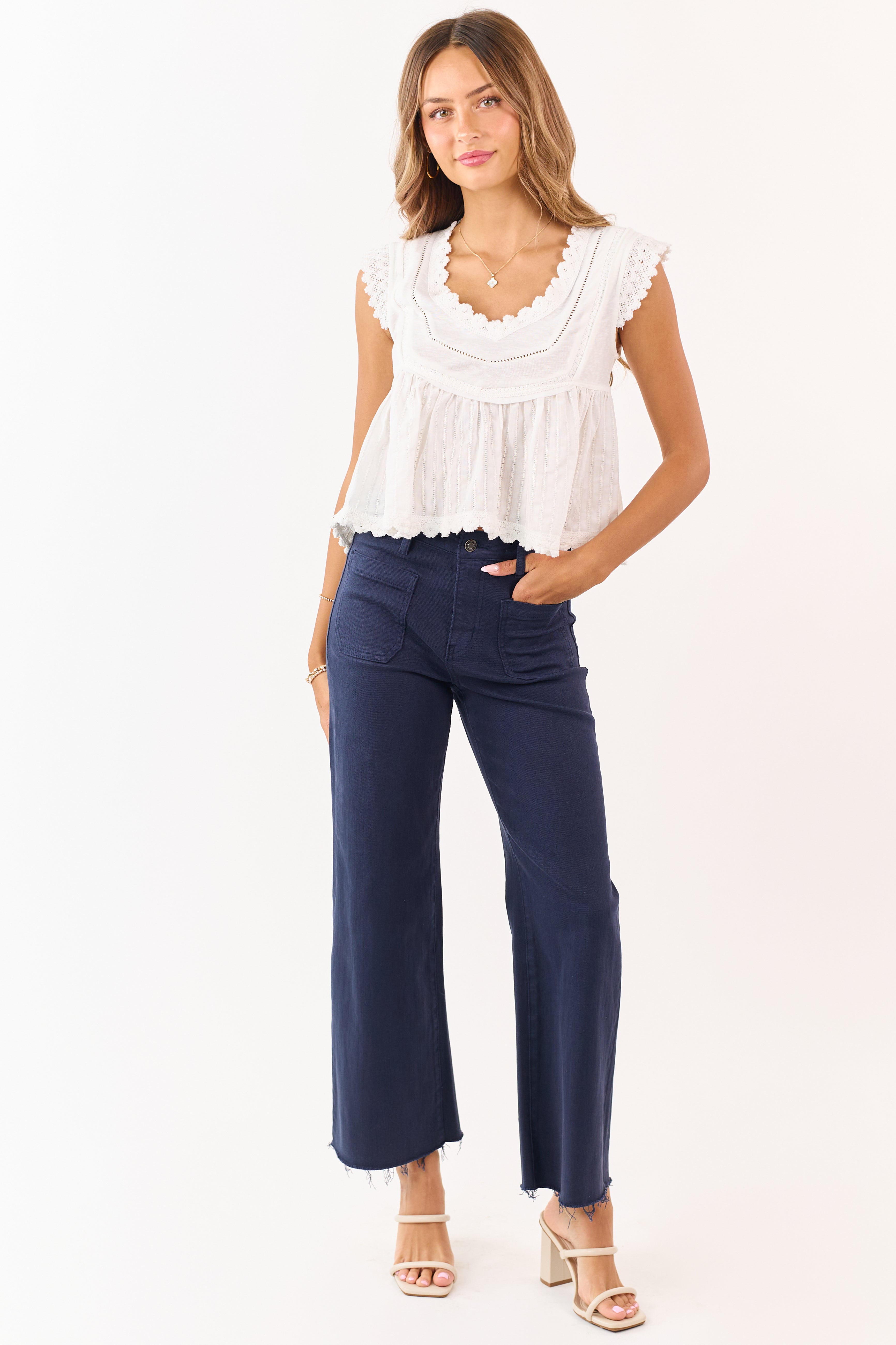 Mica Denim Navy Stretchy Raw Hem Wide Leg Jeans