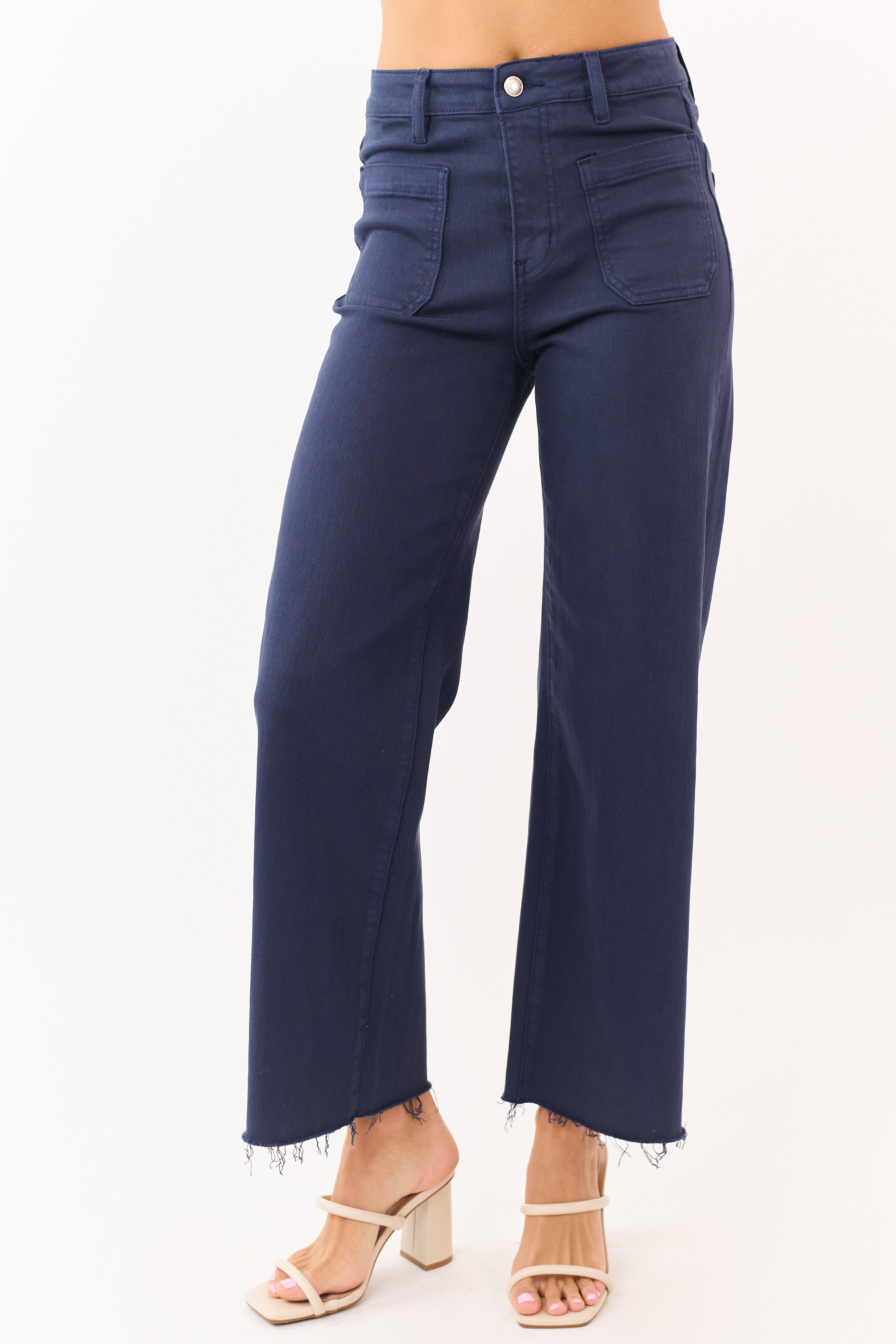 Mica Denim Navy Stretchy Raw Hem Wide Leg Jeans