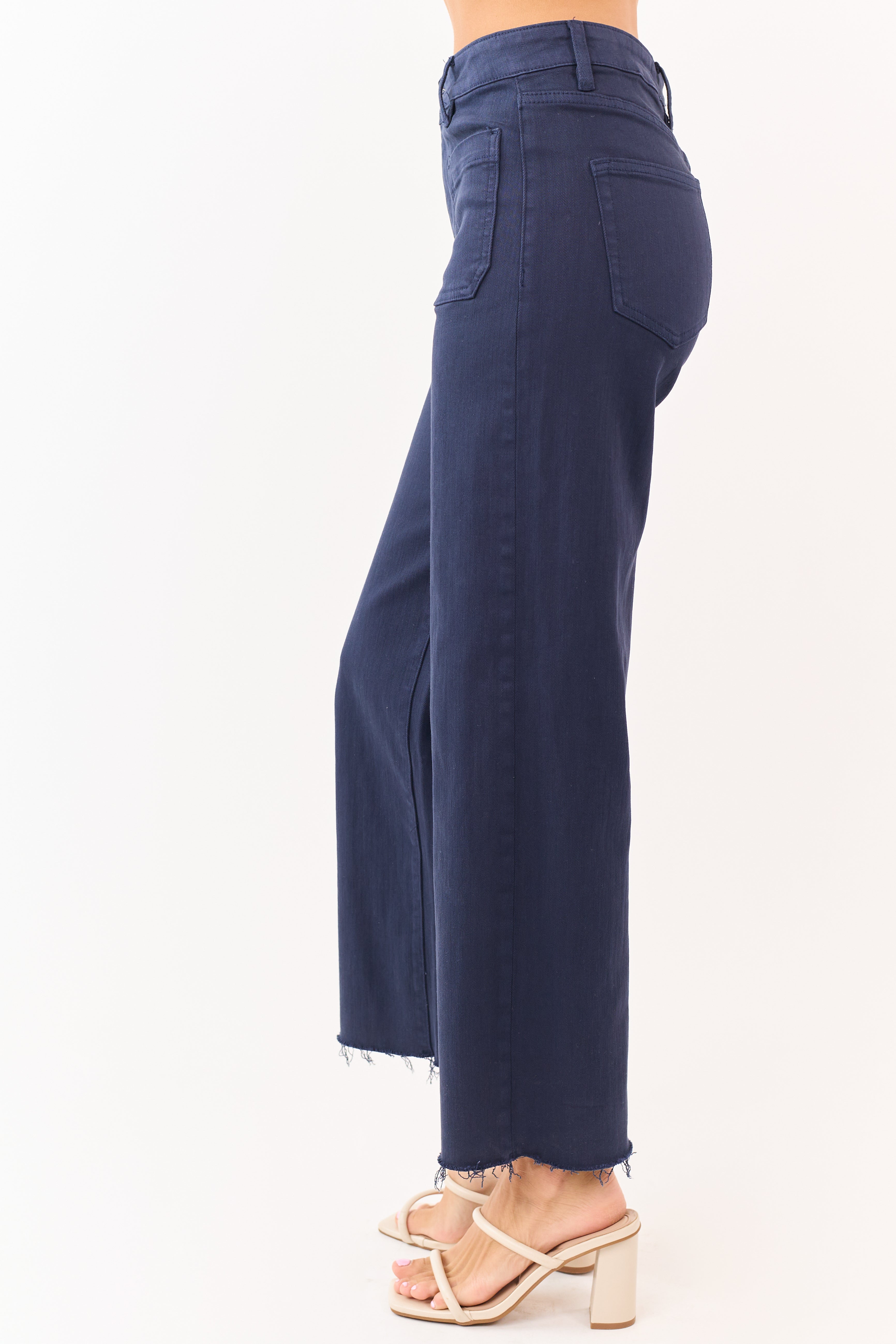Mica Denim Navy Stretchy Raw Hem Wide Leg Jeans