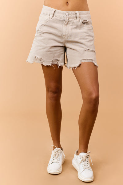 Mica Denim Oatmeal High Rise Distressed Jean Shorts