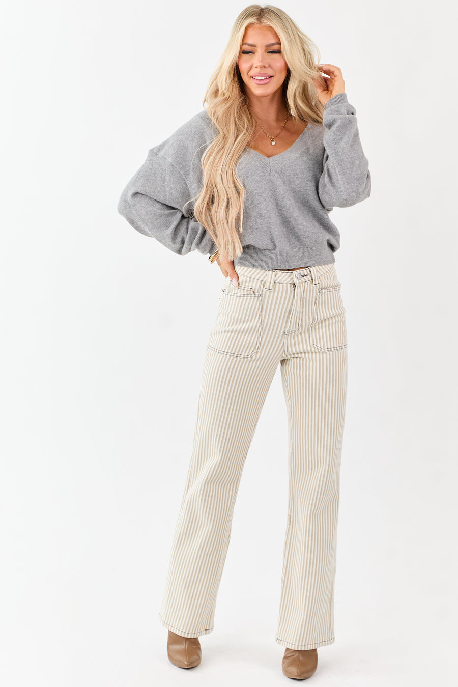 Mica Denim Oatmeal Striped Stretchy Straight Pants