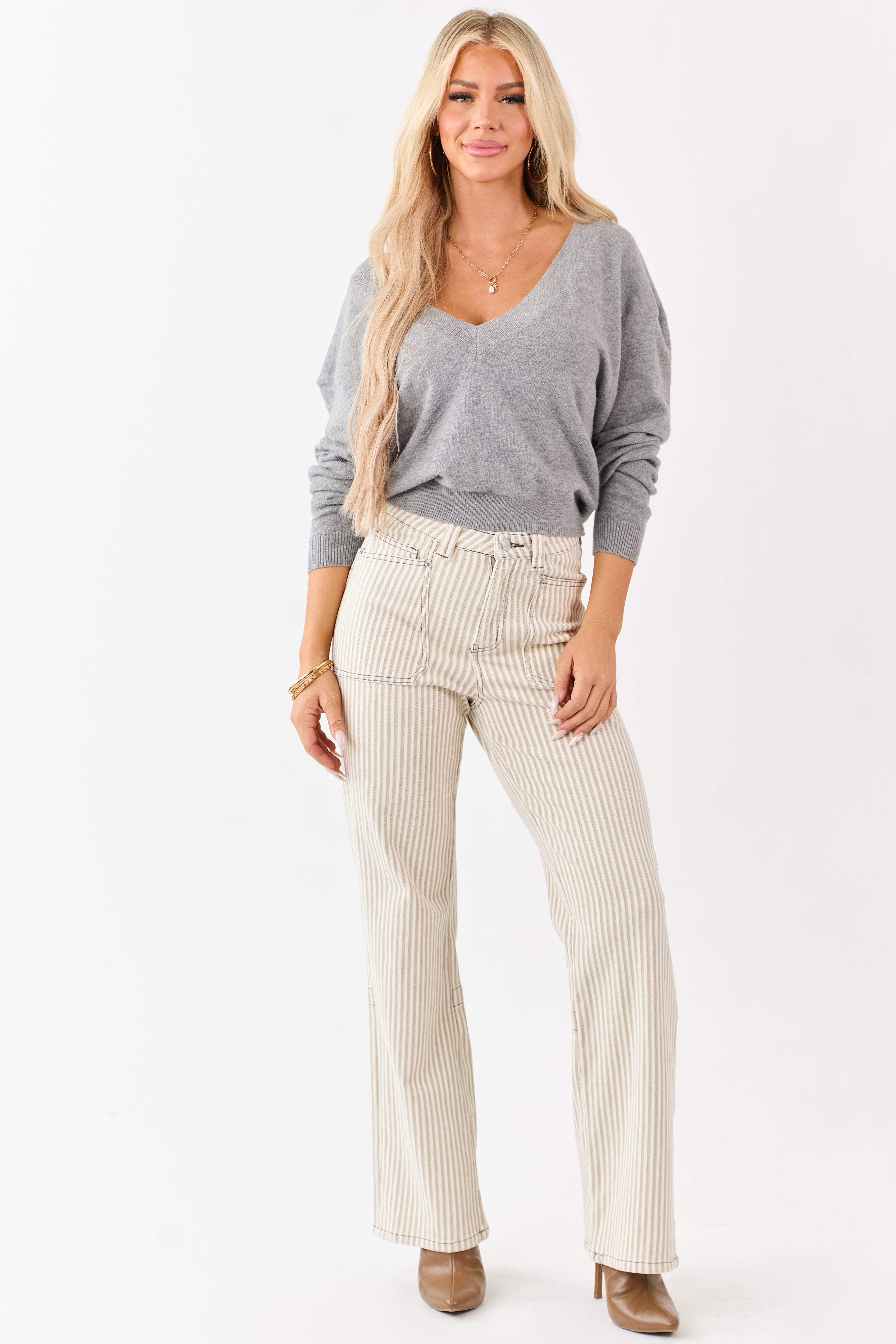 Mica Denim Oatmeal Striped Stretchy Straight Pants | Lime Lush