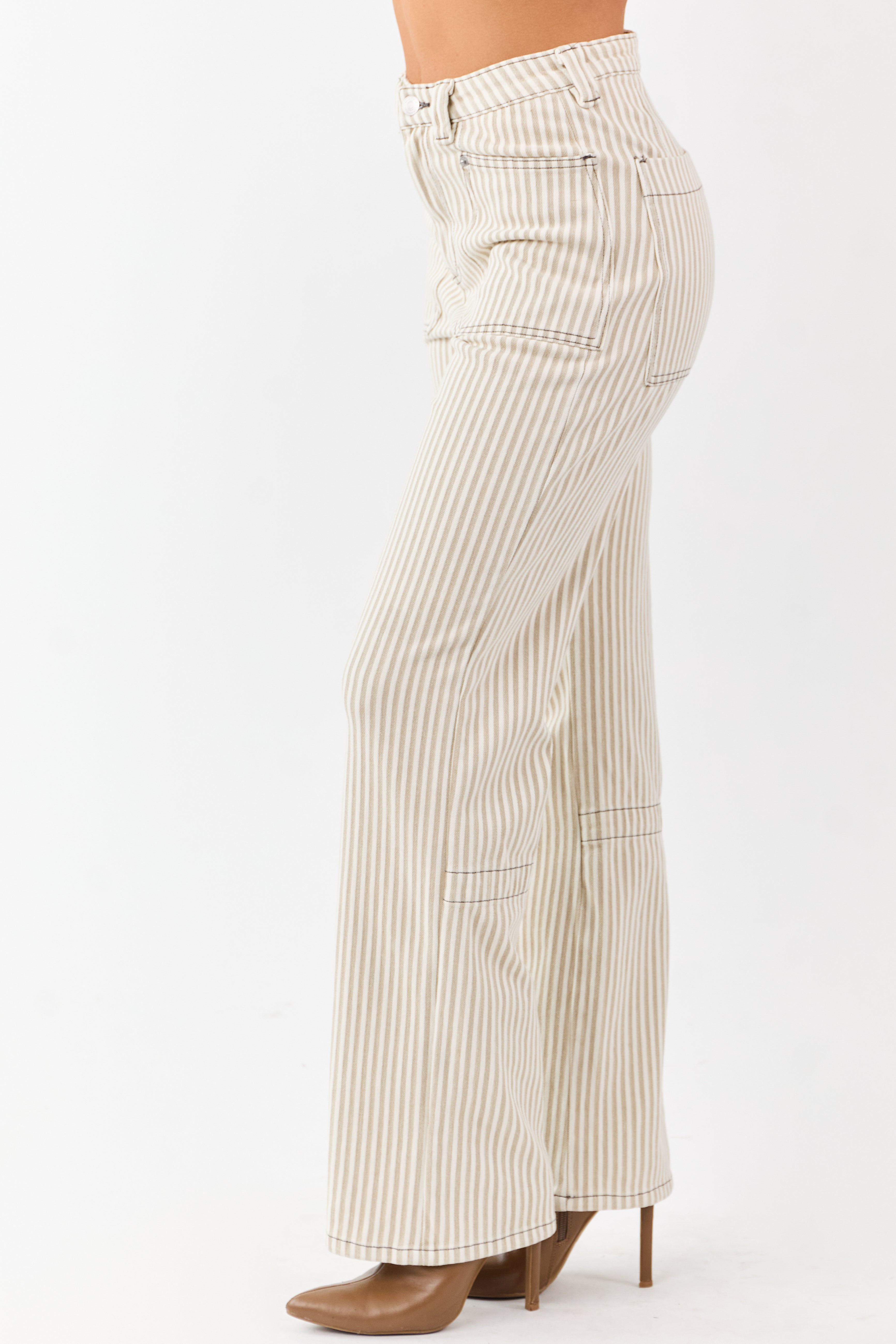 Mica Denim Oatmeal Striped Stretchy Straight Pants