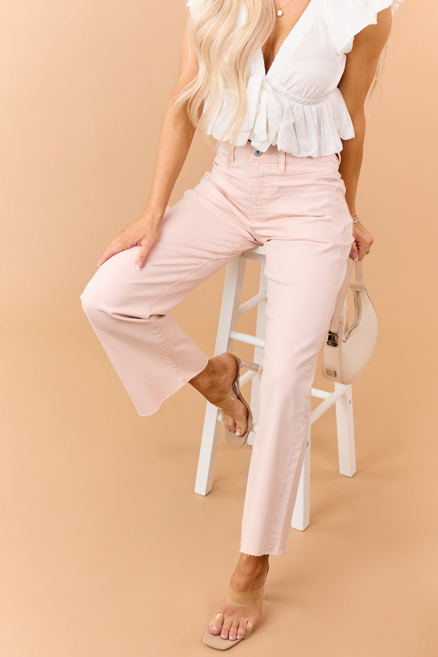 Mica Denim Peach Stretchy Wide Leg Raw Hem Jeans