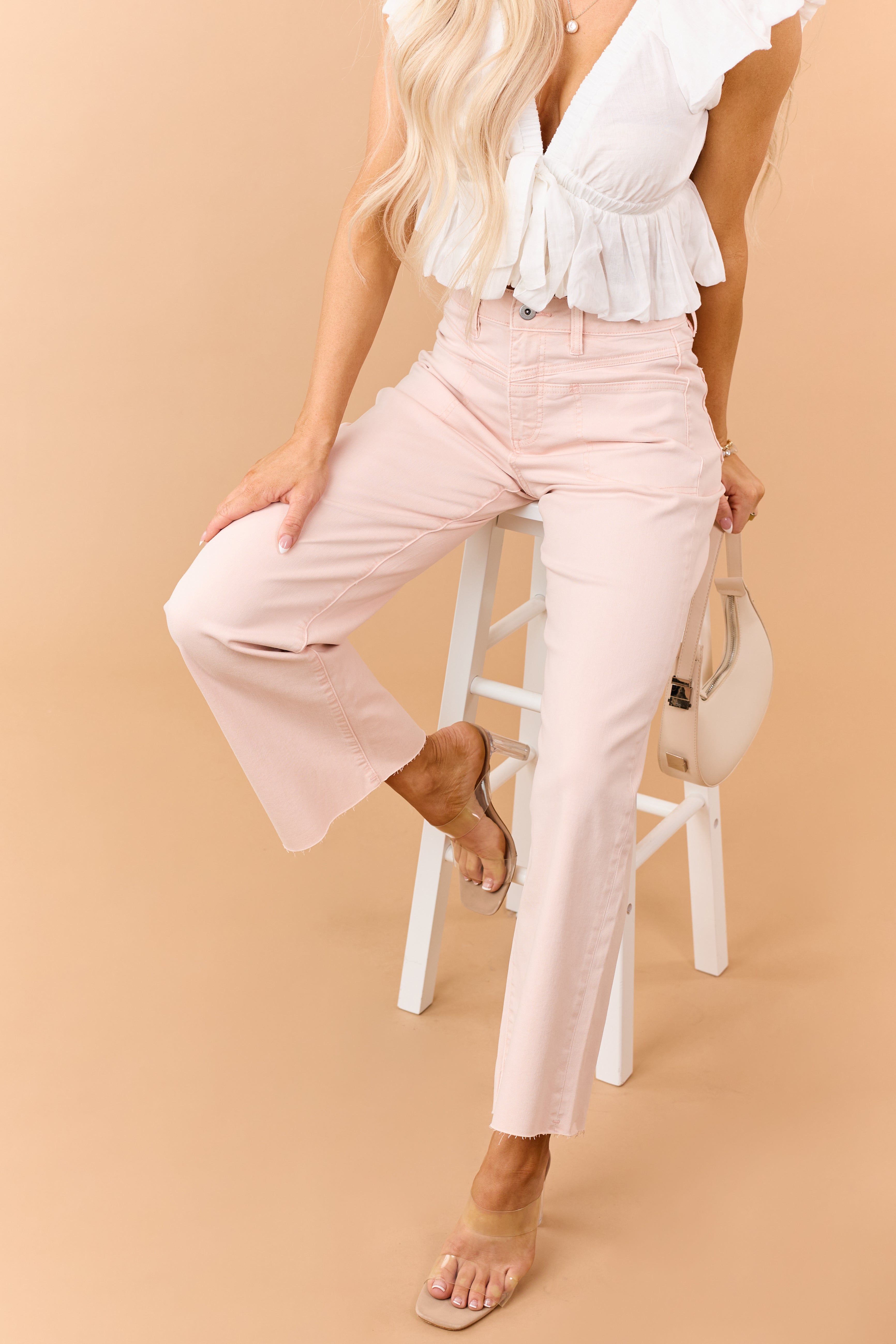 Mica Denim Peach Stretchy Wide Leg Raw Hem Jeans
