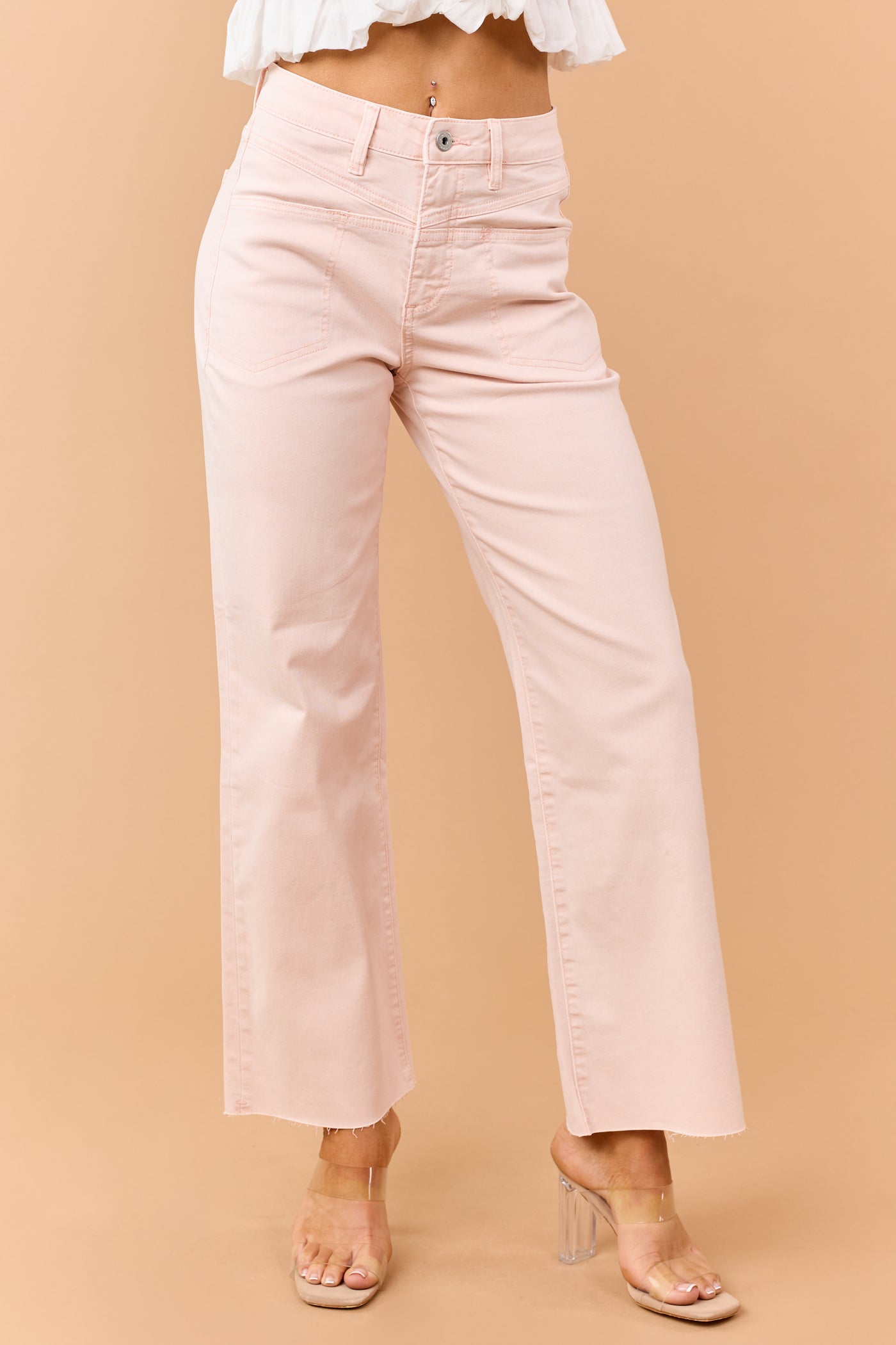 Mica Denim Peach Stretchy Wide Leg Raw Hem Jeans