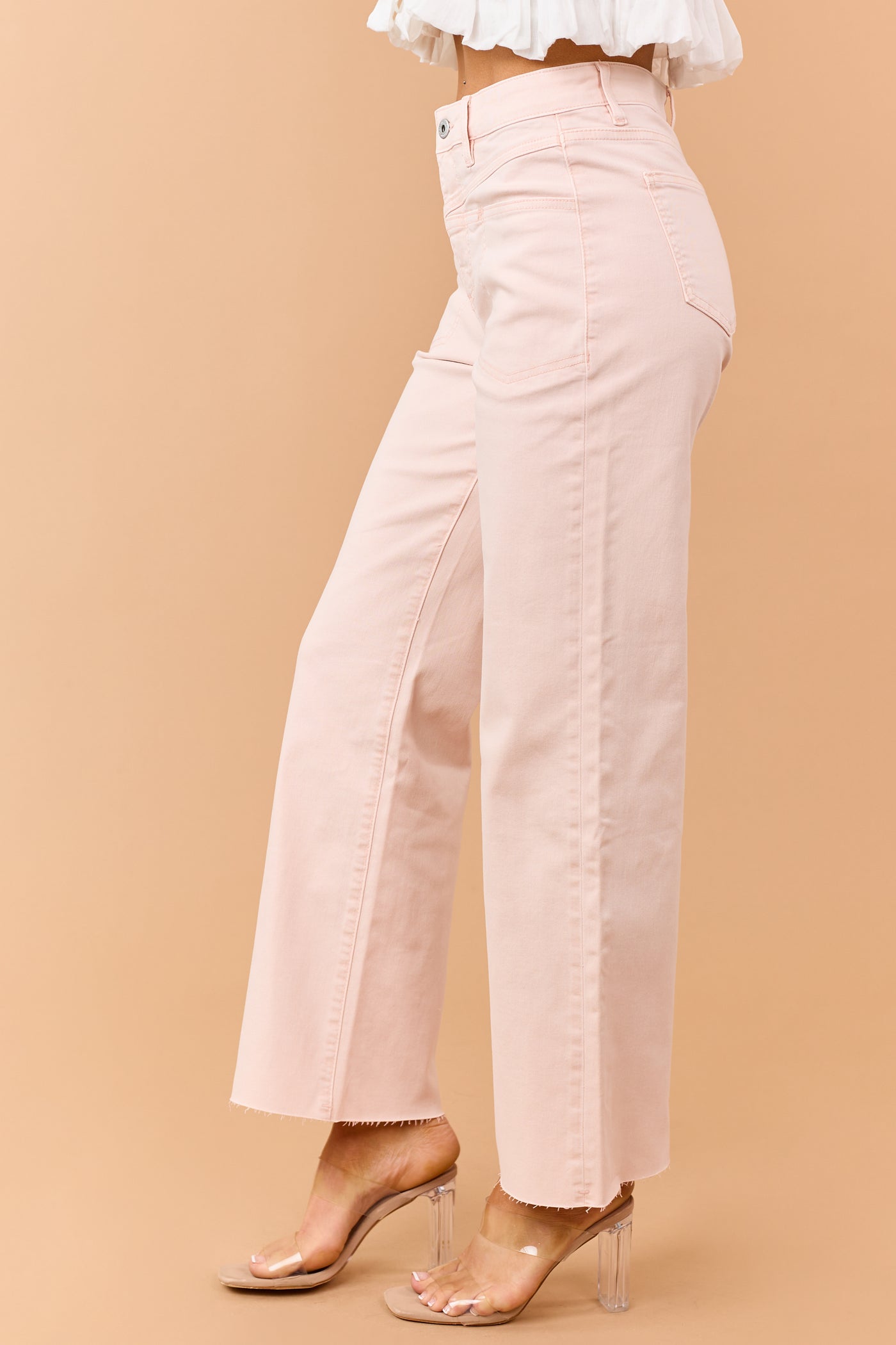 Mica Denim Peach Stretchy Wide Leg Raw Hem Jeans