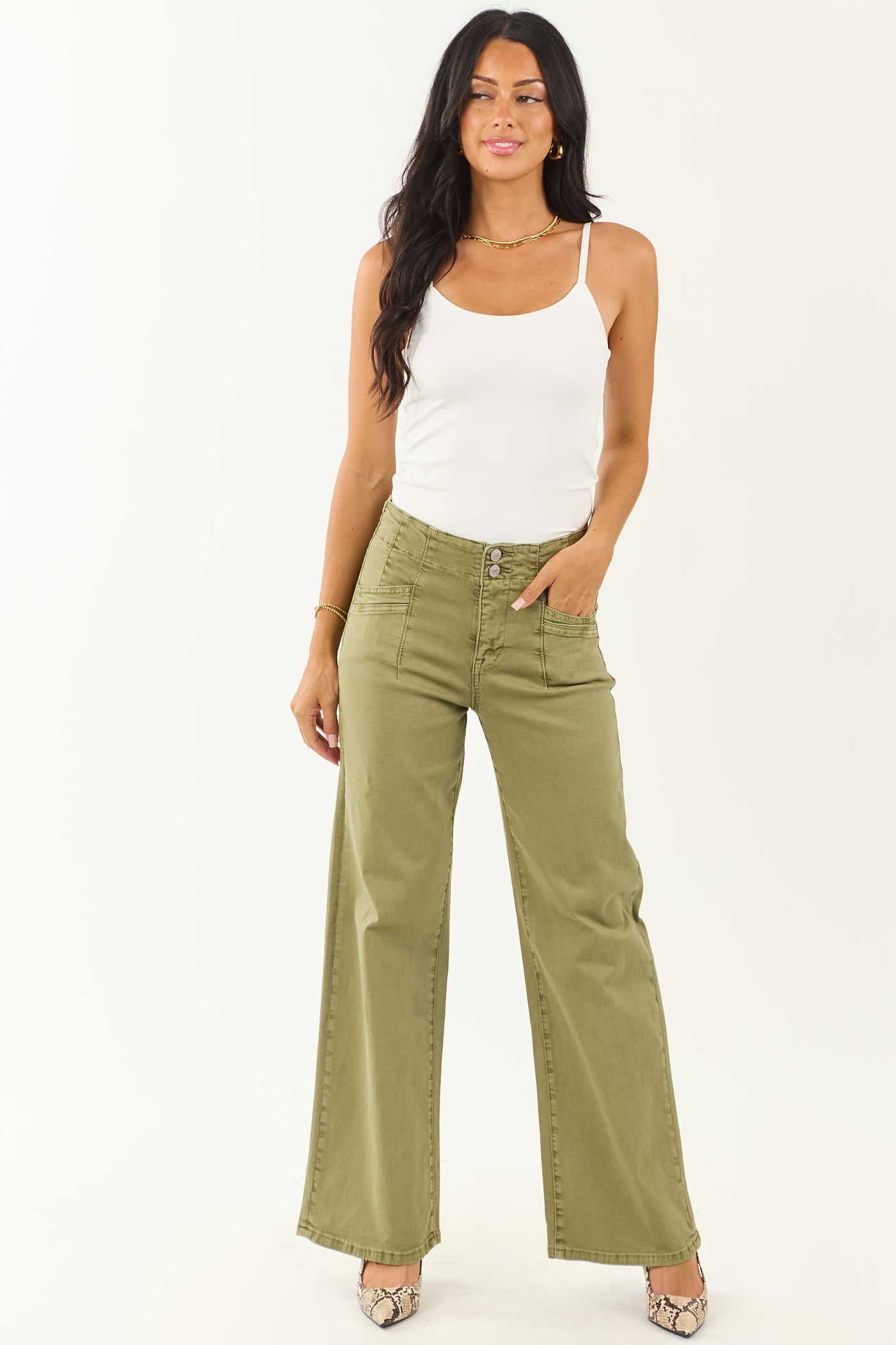 Mica Denim Pistachio Wide Leg Stretchy Jeans