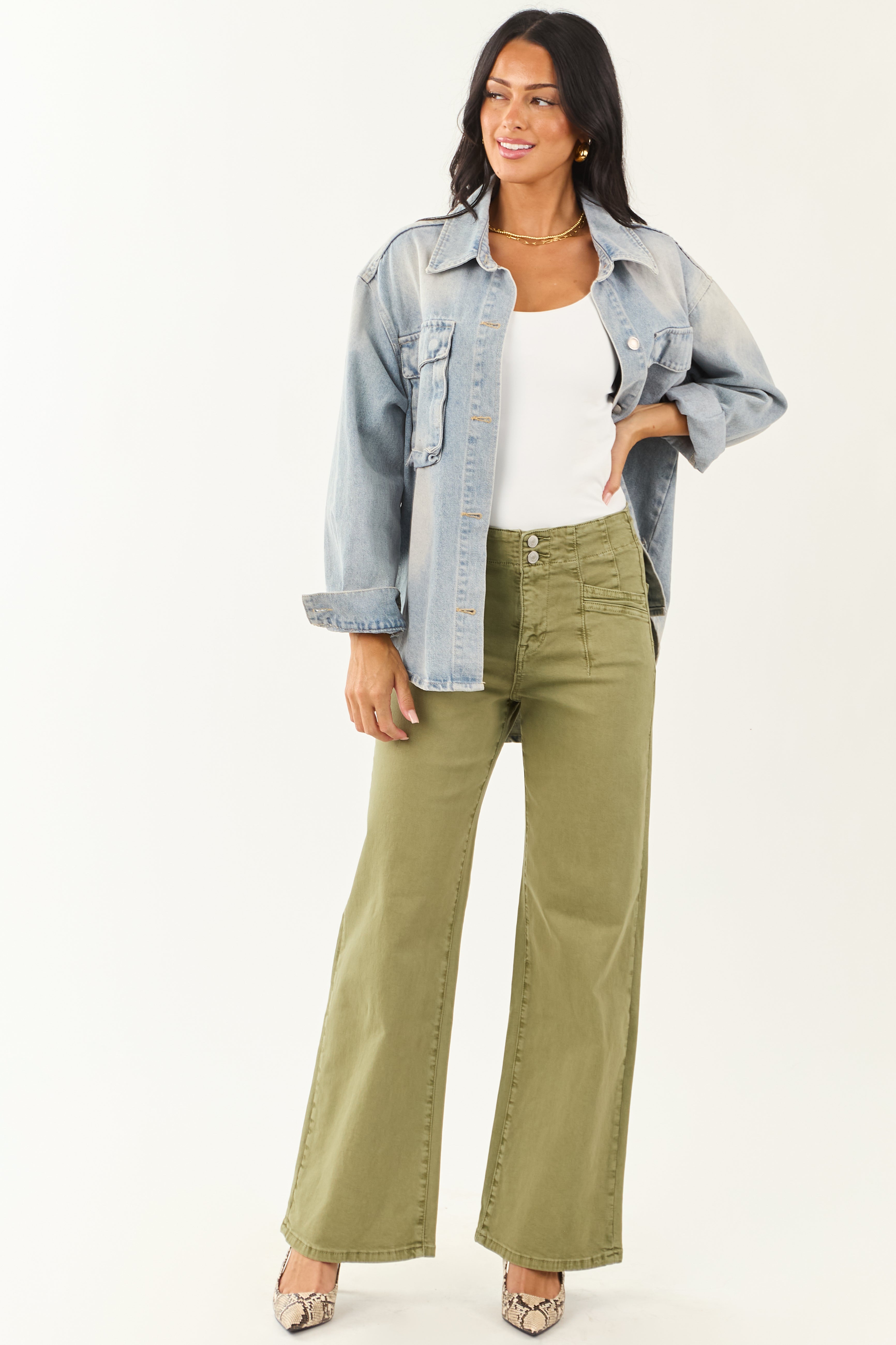 Mica Denim Pistachio Wide Leg Stretchy Jeans
