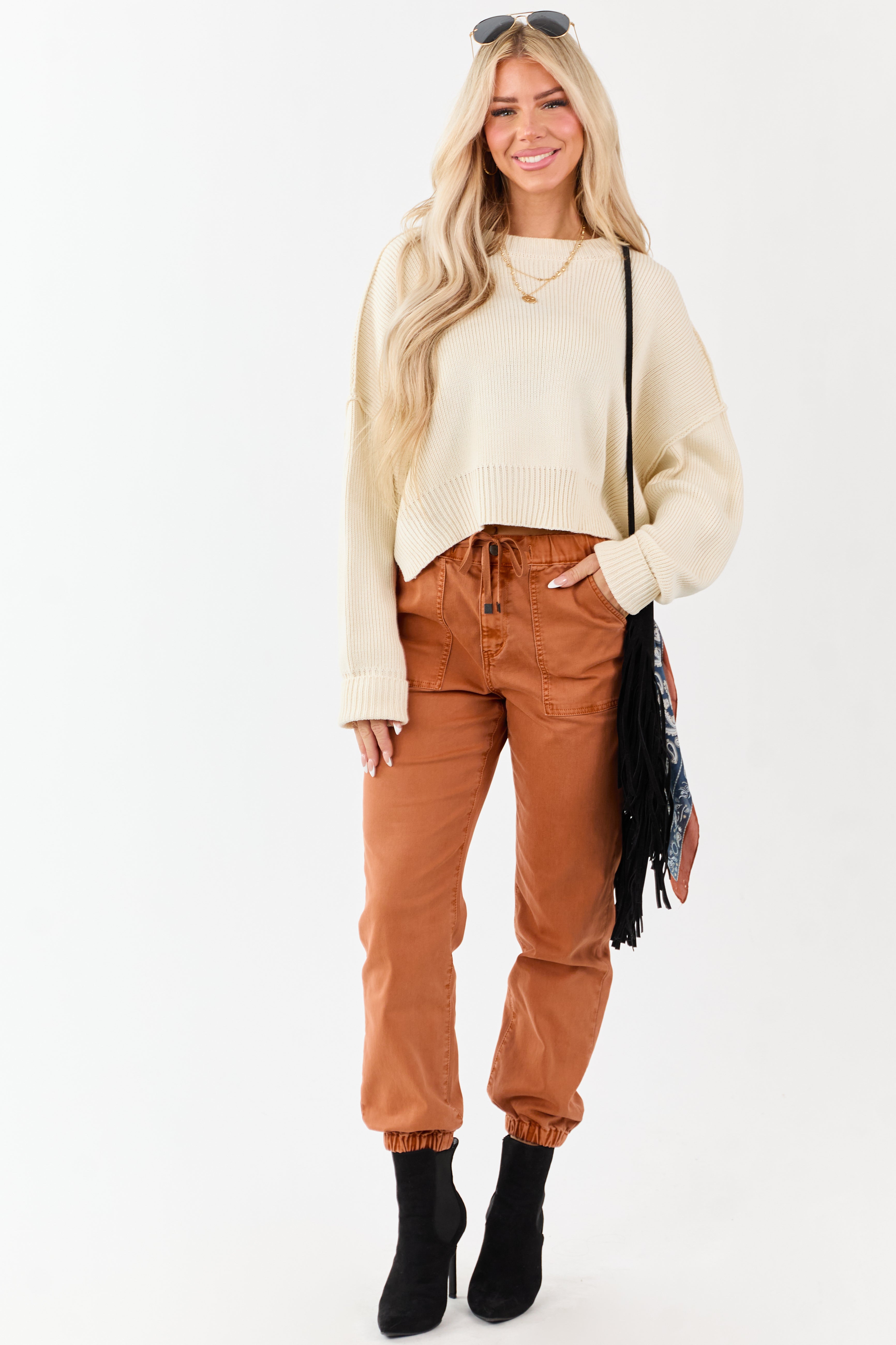 Mica Denim Pumpkin Spice Cropped Jogger Jeans | Lime Lush Boutique