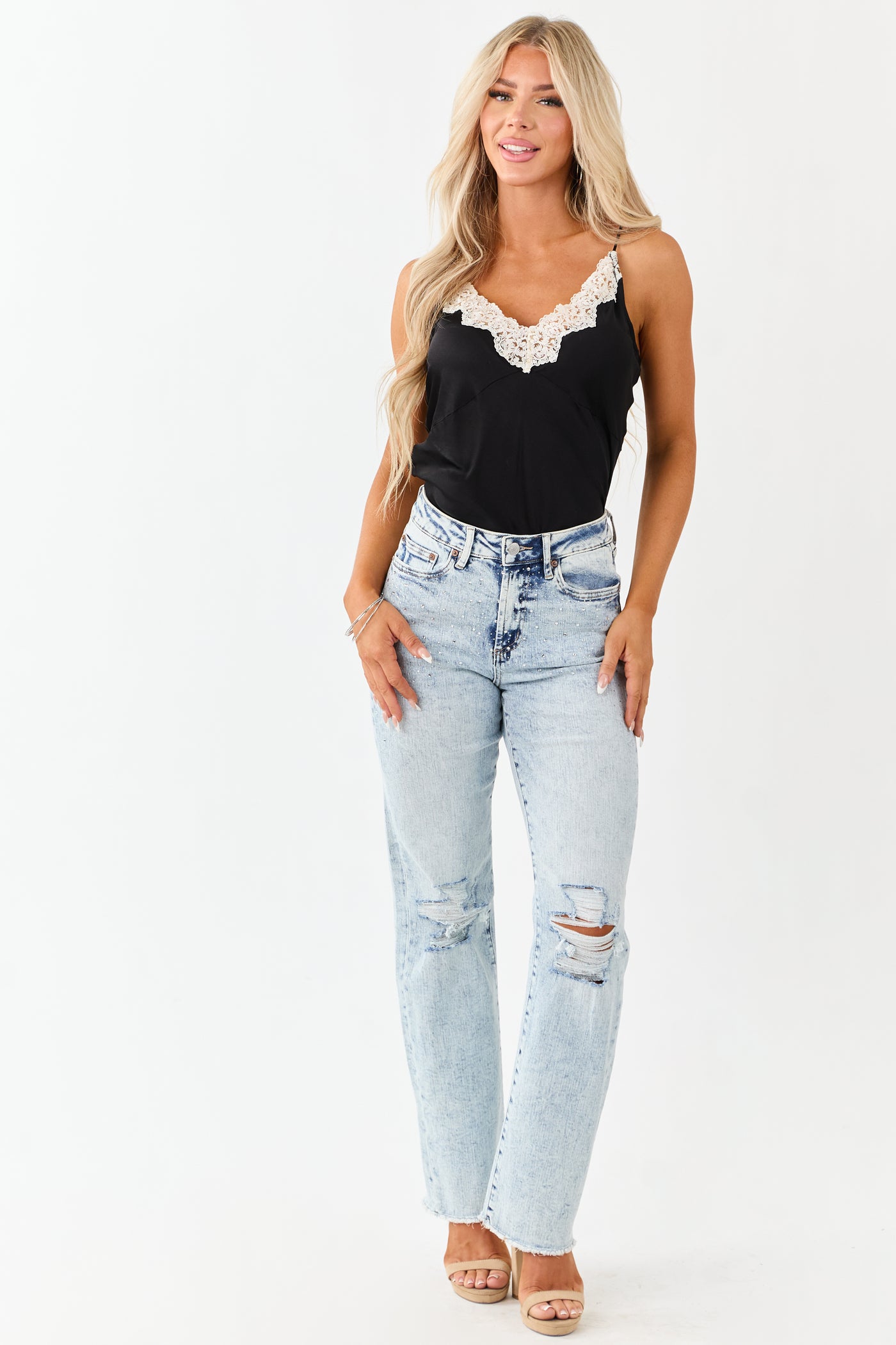 Mica Denim Rhinestone Stretchy Straight Jeans