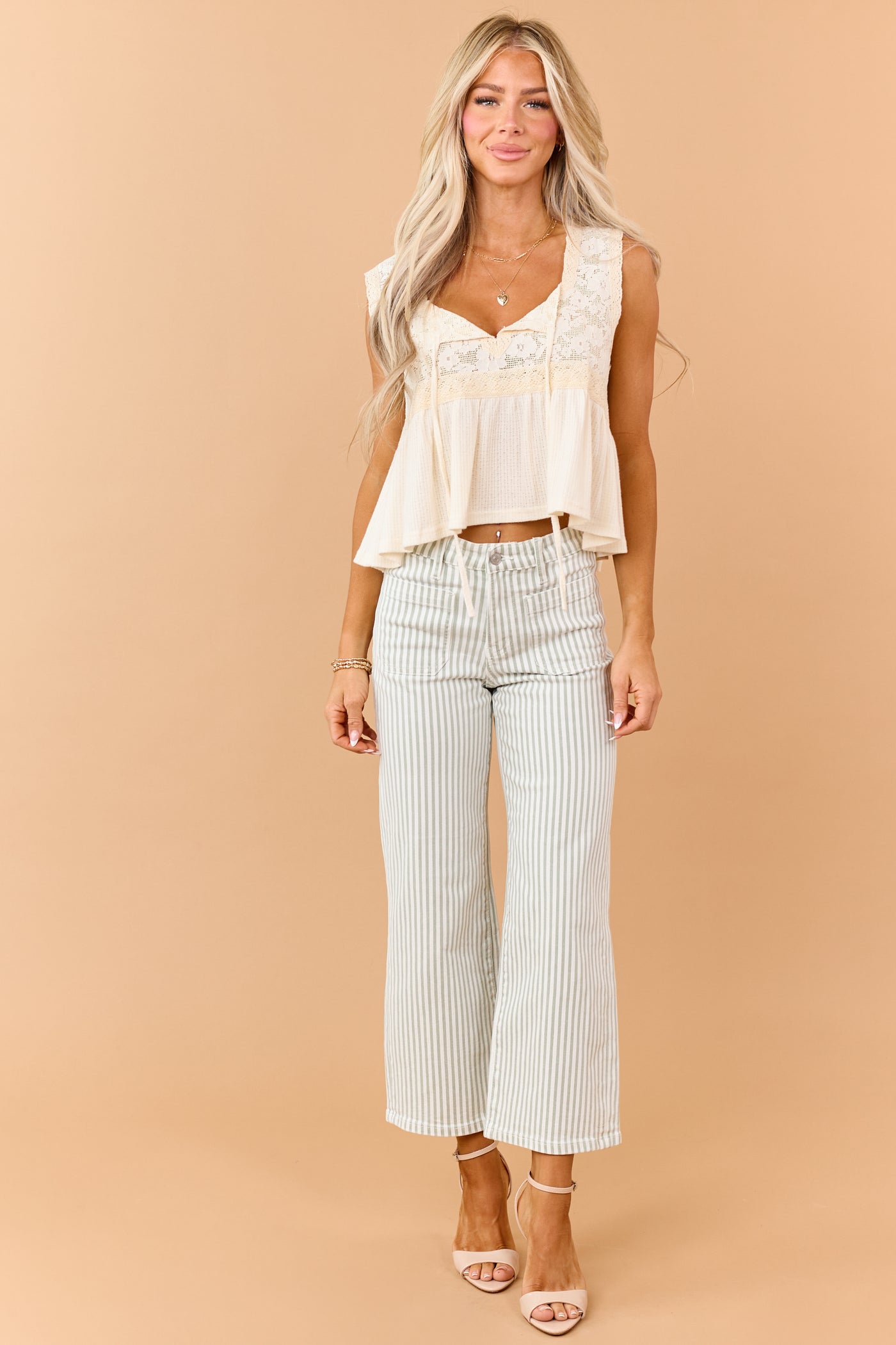 Mica Denim Sage Striped Wide Crop Stretch Jeans