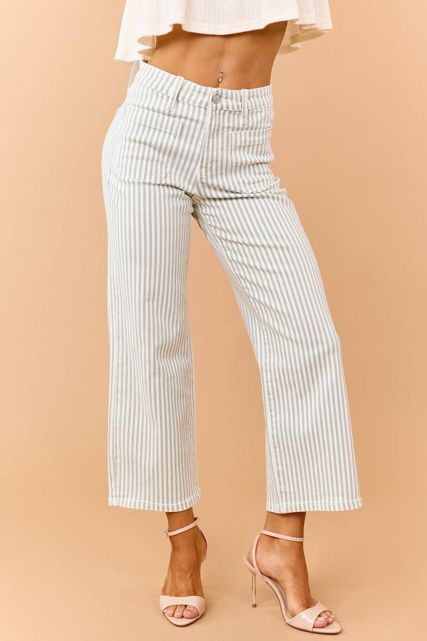 Mica Denim Sage Striped Wide Crop Stretch Jeans