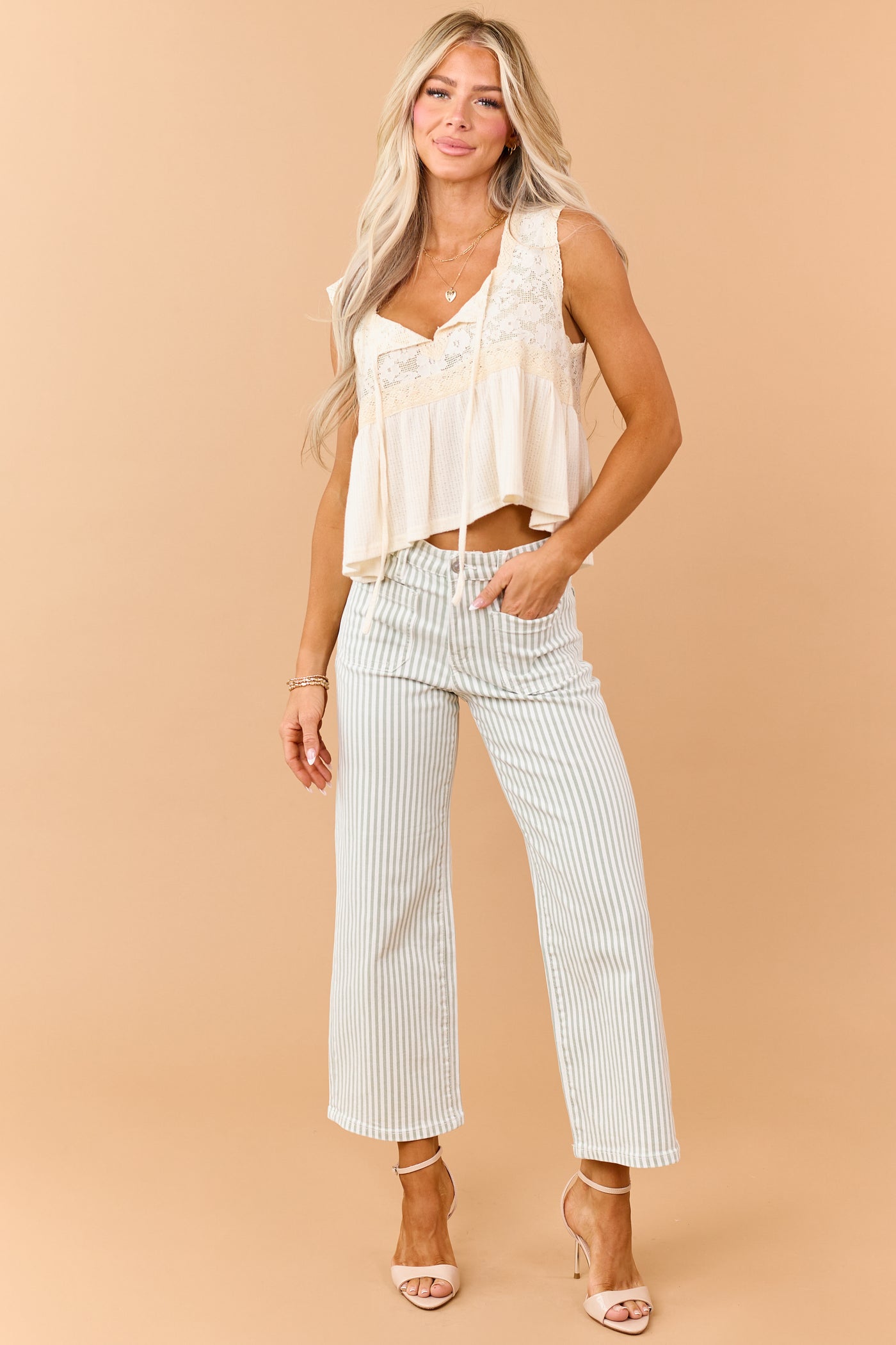 Mica Denim Sage Striped Wide Crop Stretch Jeans