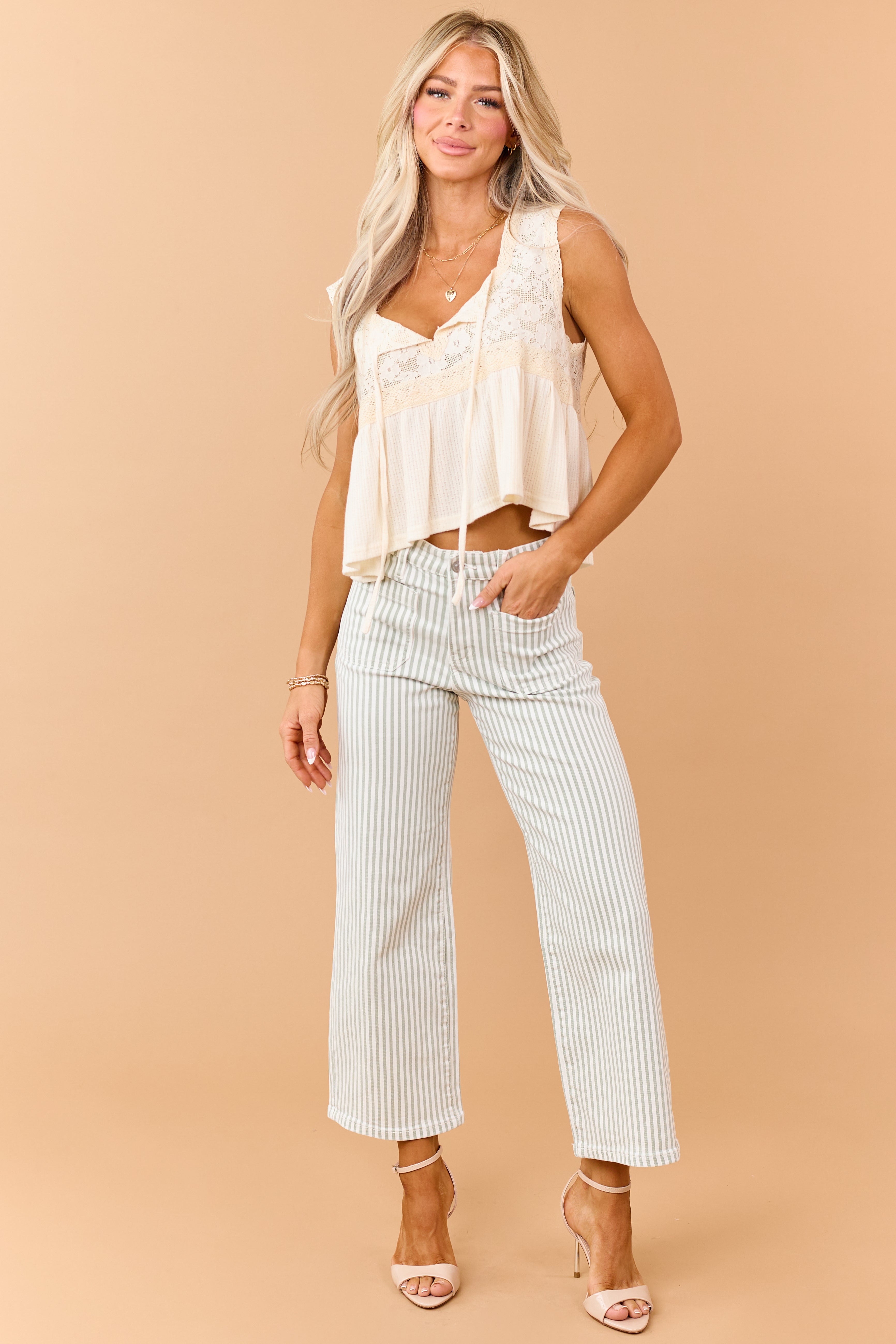 Mica Denim Sage Striped Wide Crop Stretch Jeans