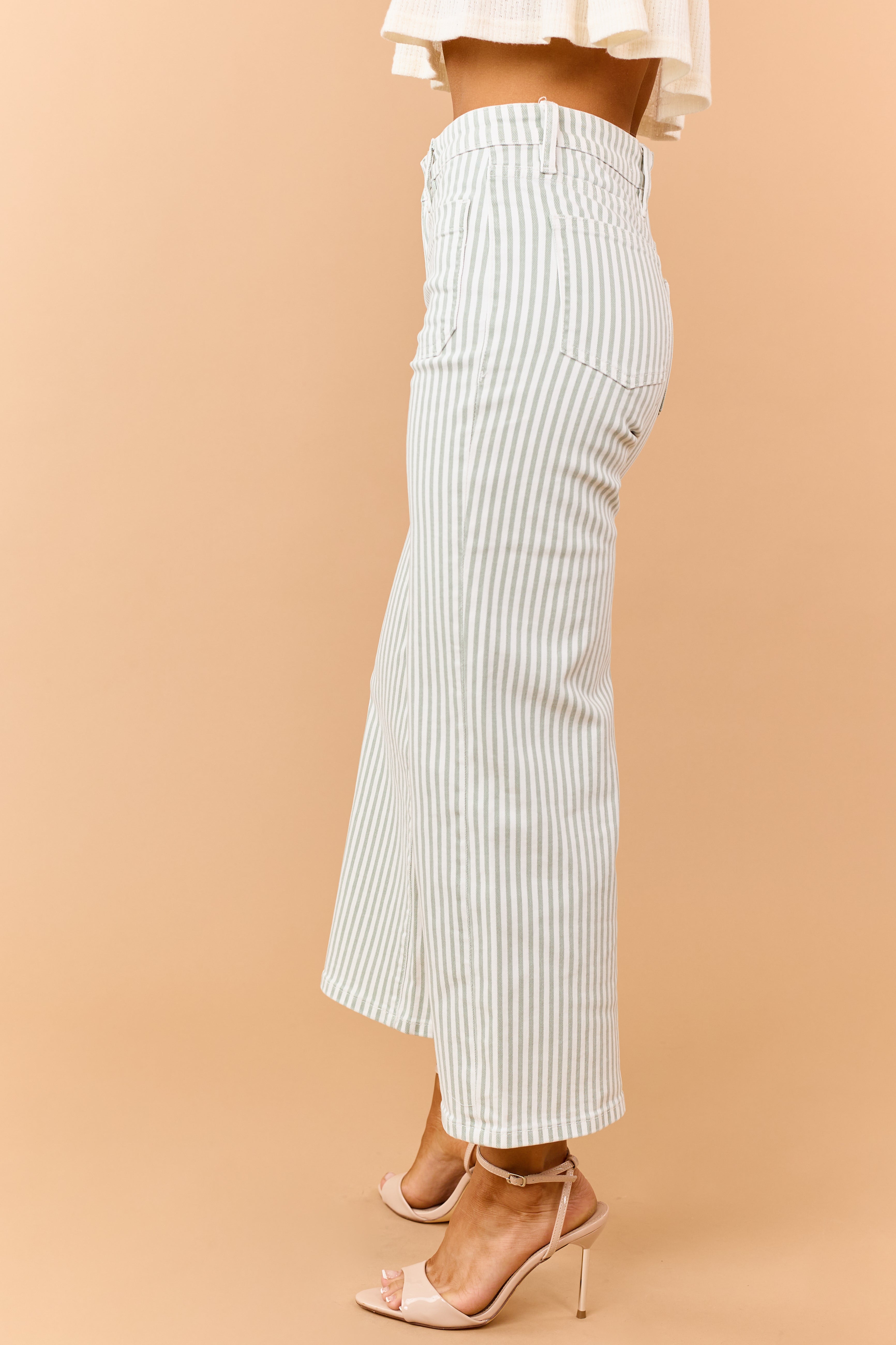 Mica Denim Sage Striped Wide Crop Stretch Jeans