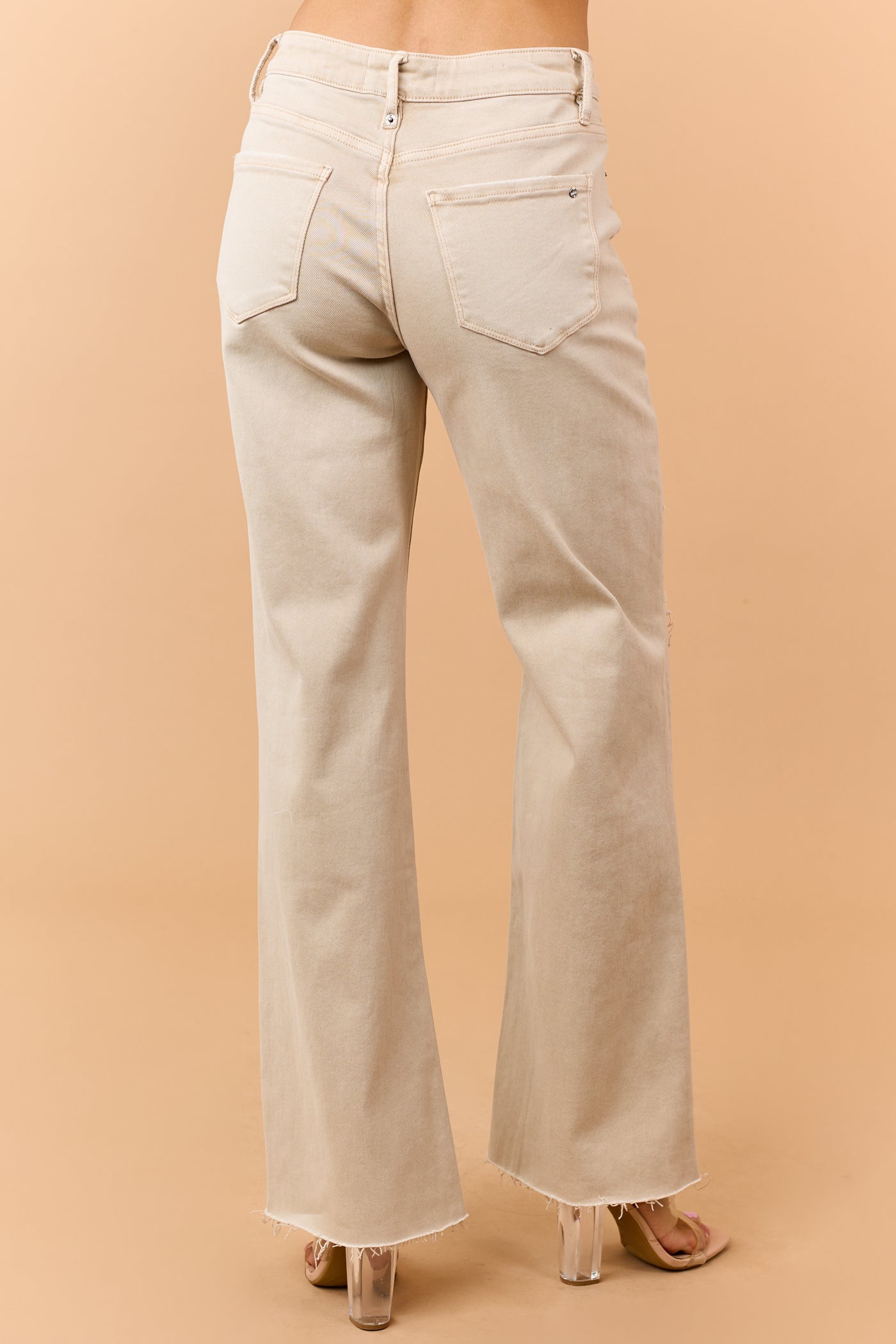 Mica Denim Sand Distressed Tummy Control Wide Jeans
