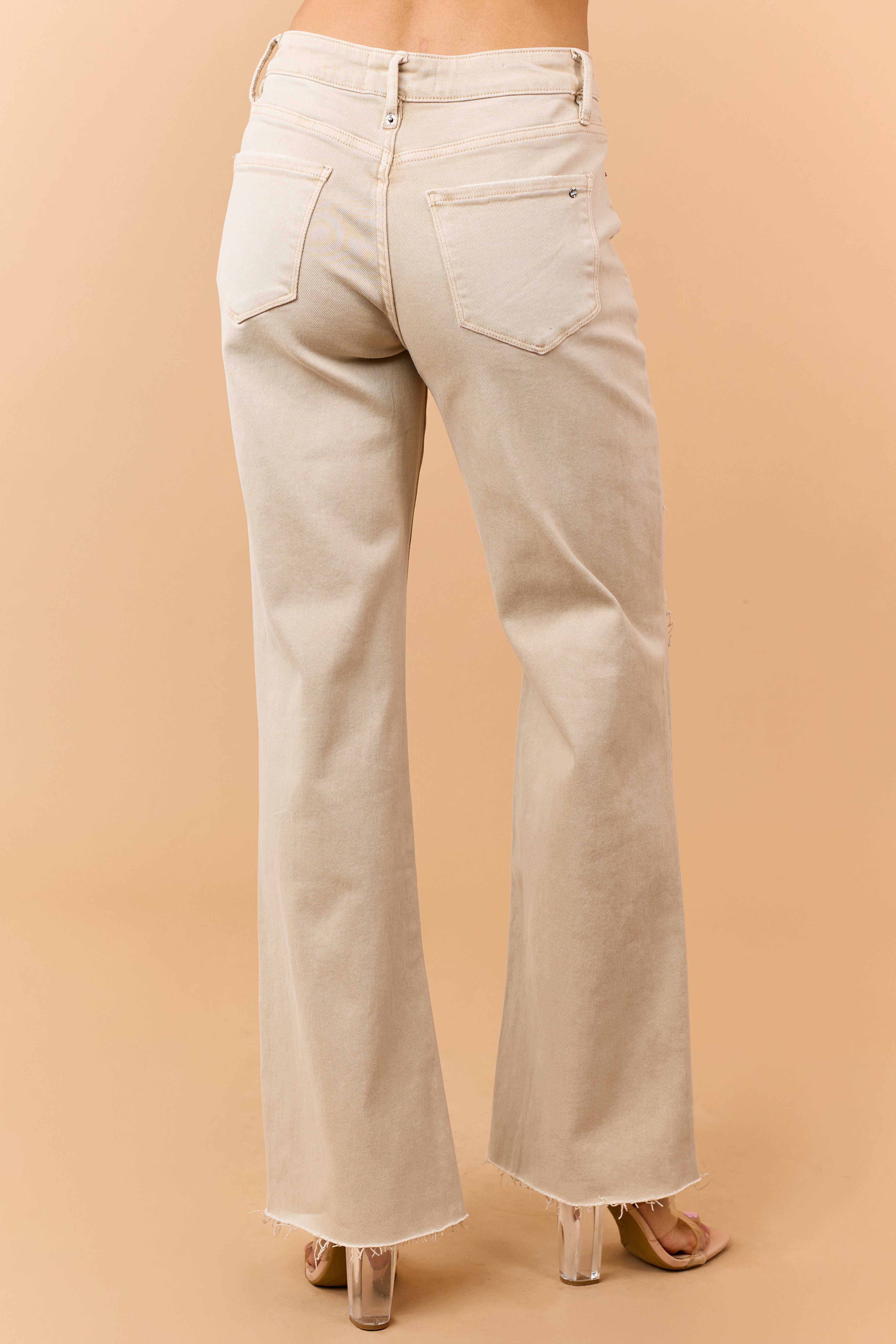 Mica Denim Sand Distressed Tummy Control Wide Jeans