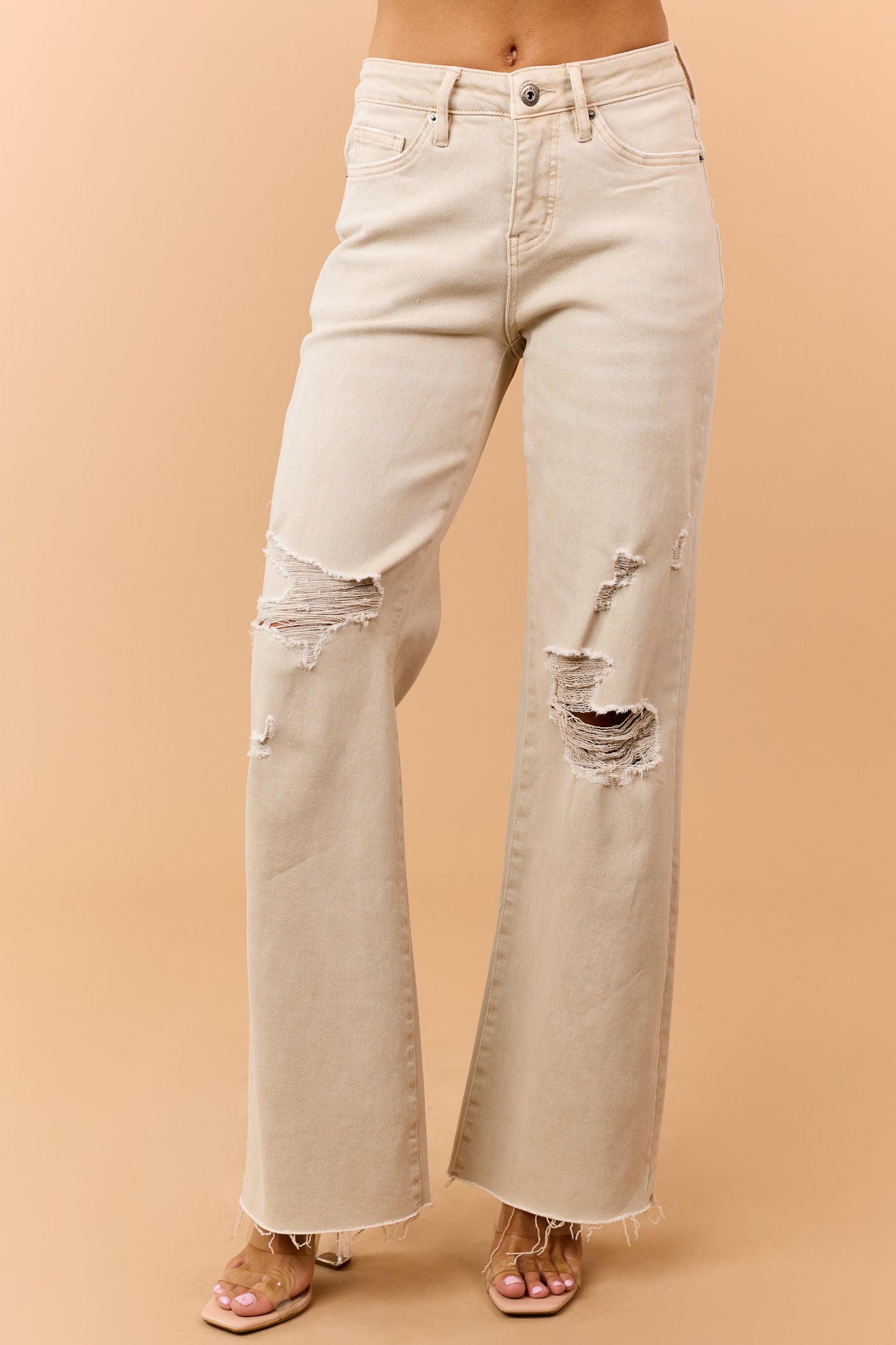 Mica Denim Sand Distressed Tummy Control Wide Jeans