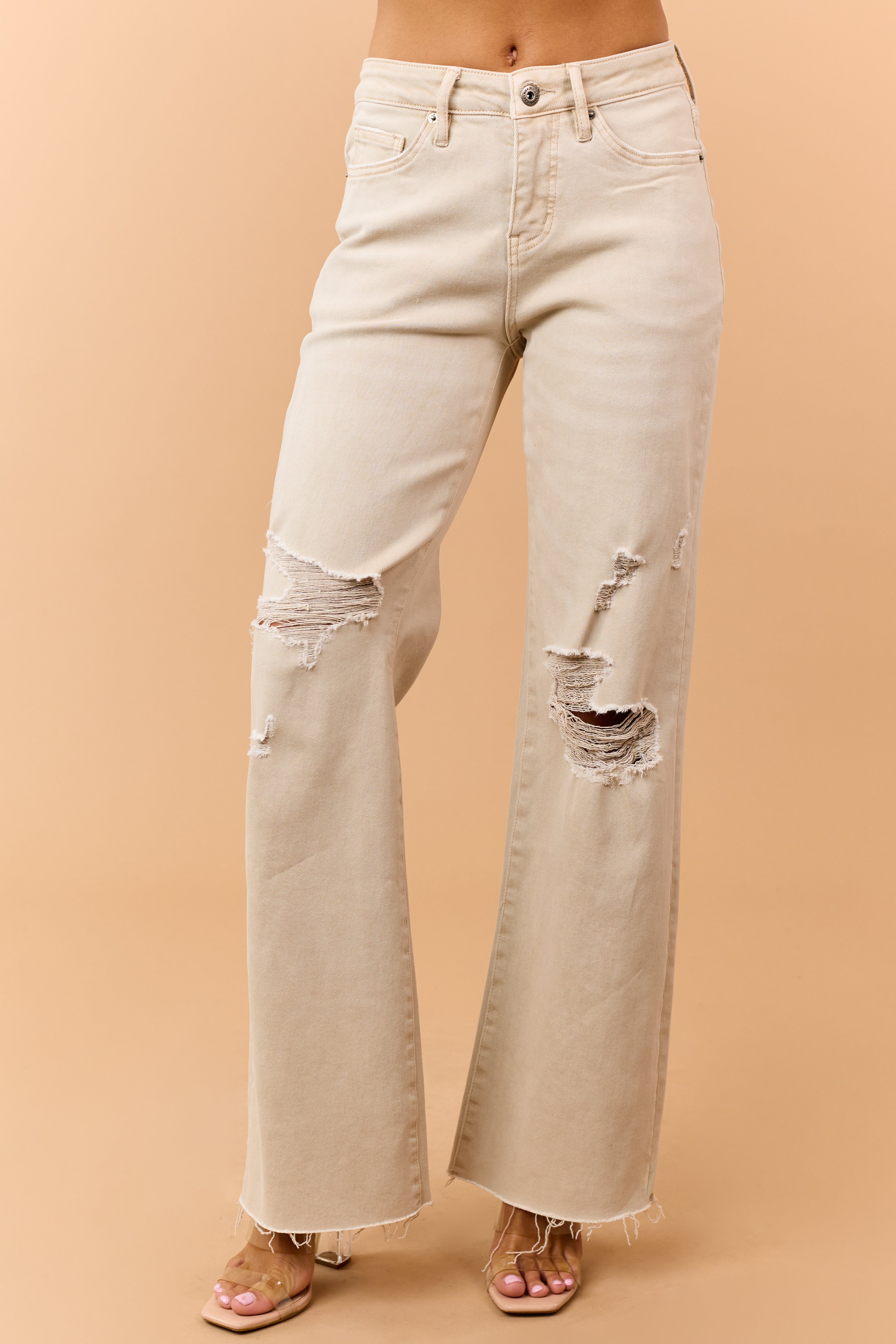 Mica Denim Sand Distressed Tummy Control Wide Jeans